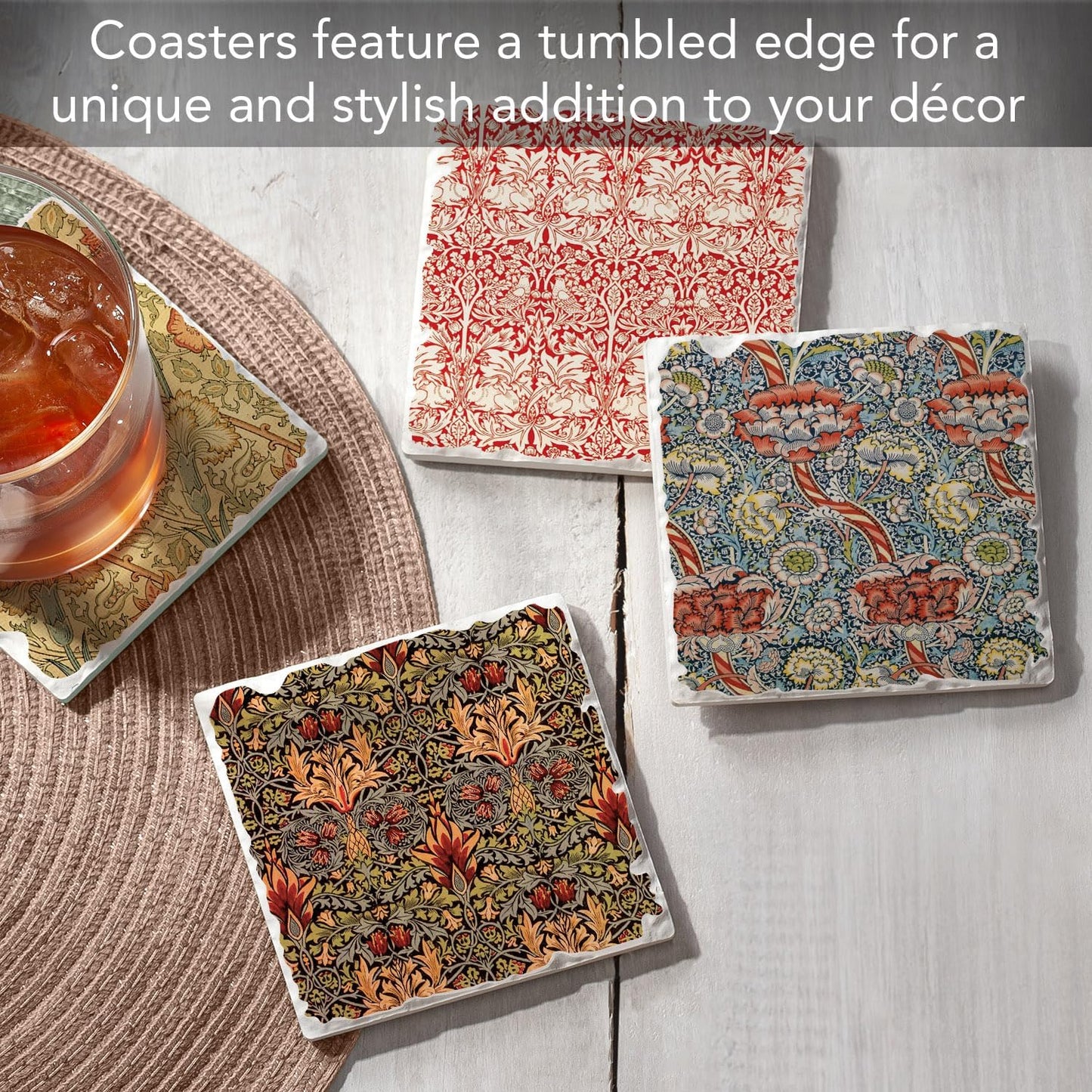 Thirstystone Assorted Tumbled Tile Stone Coasters / William Morris Textiles / Set of 4