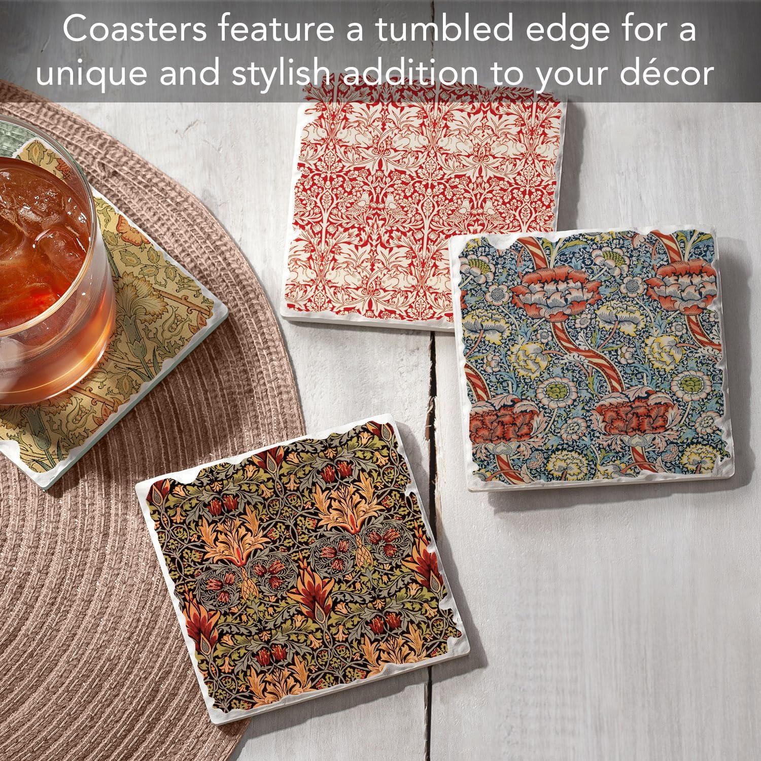 Thirstystone Assorted Tumbled Tile Stone Coasters / William Morris Textiles / Set of 4