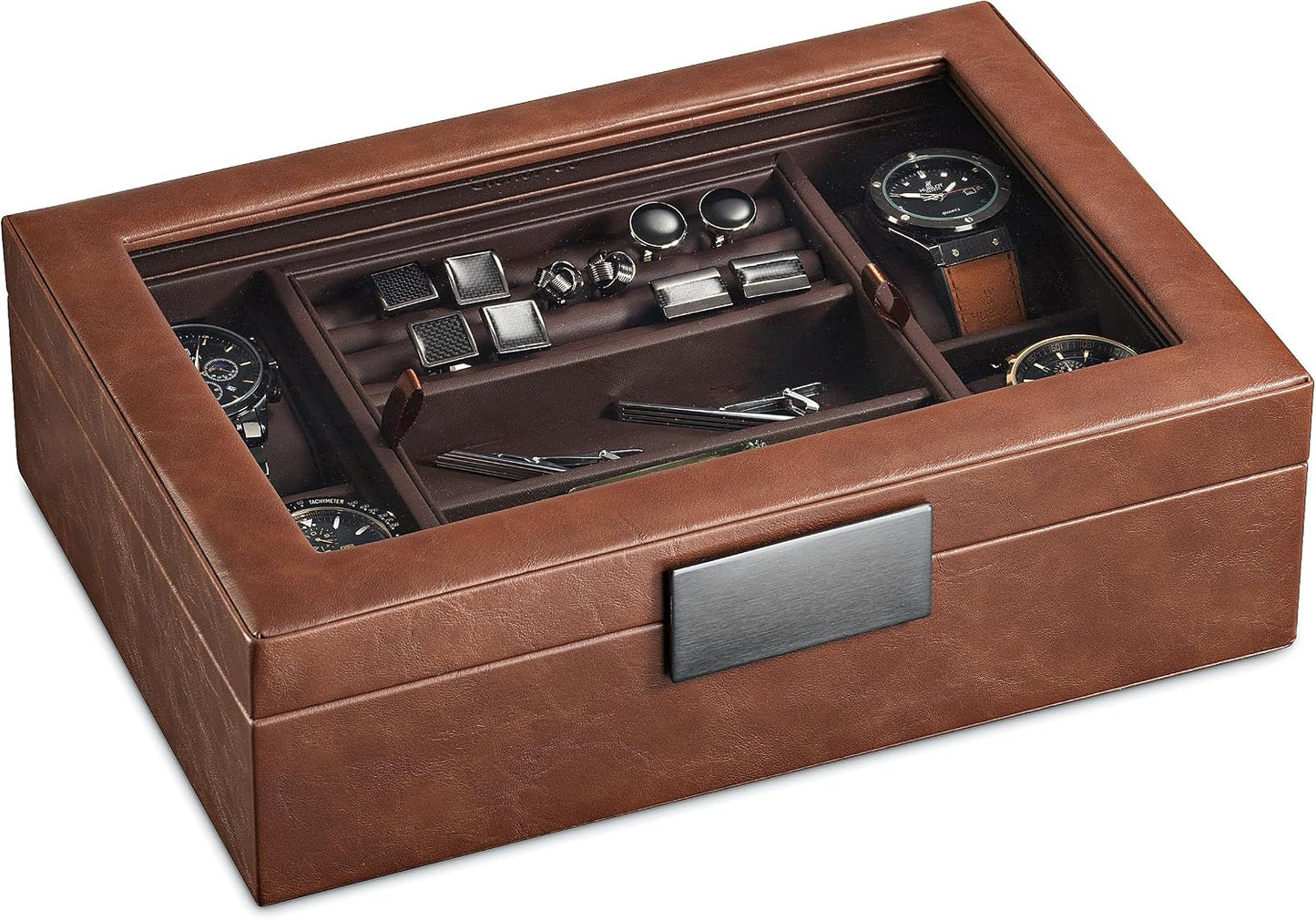 Glenor Co Valet Jewelry Box for Men - Holds 4 Watches, 12 cufflinks, 2 Sunglasses & Tray Storage - Mens Watch Case
