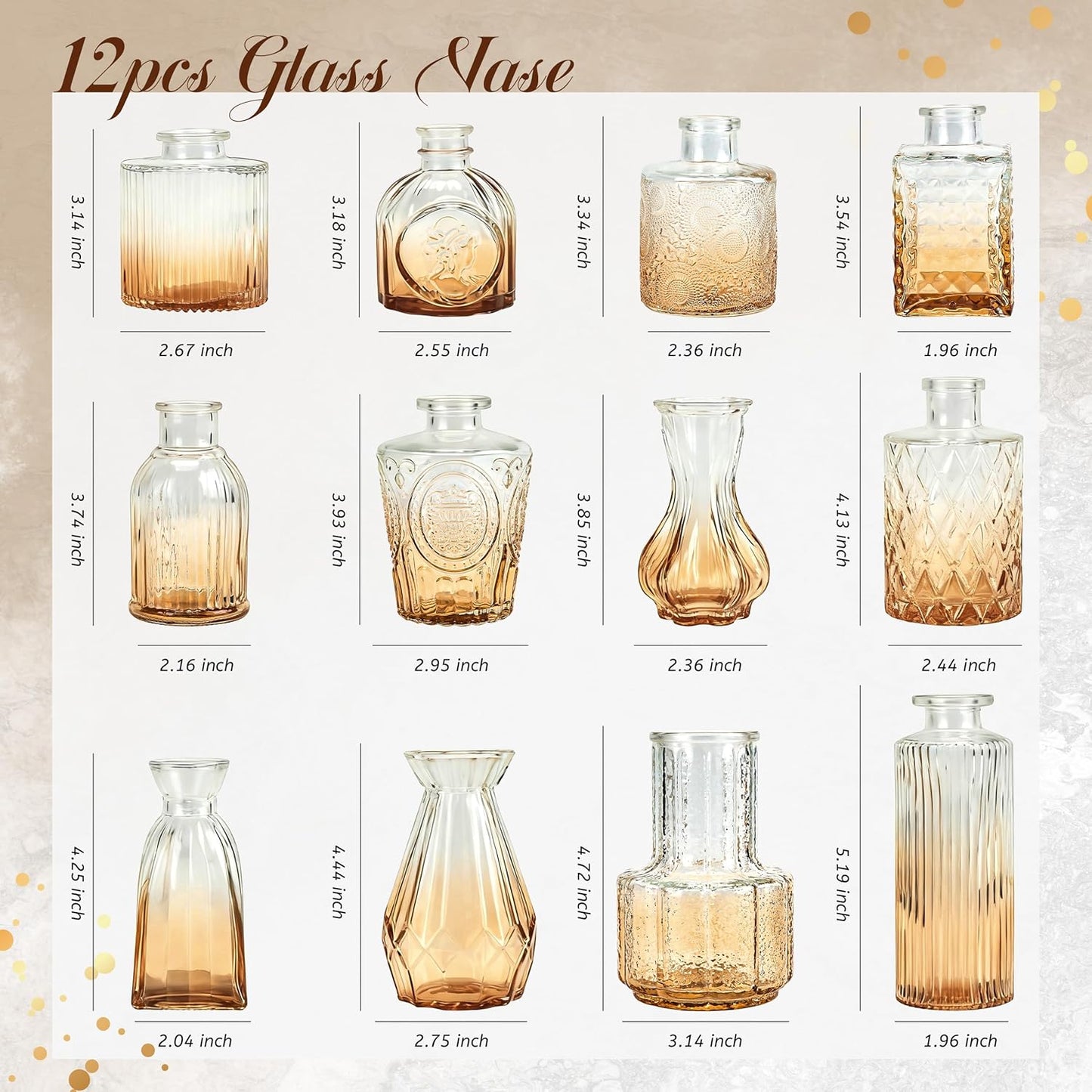 Glass Vases / Small Bud Vases for Flowers / Amber / Set of 12