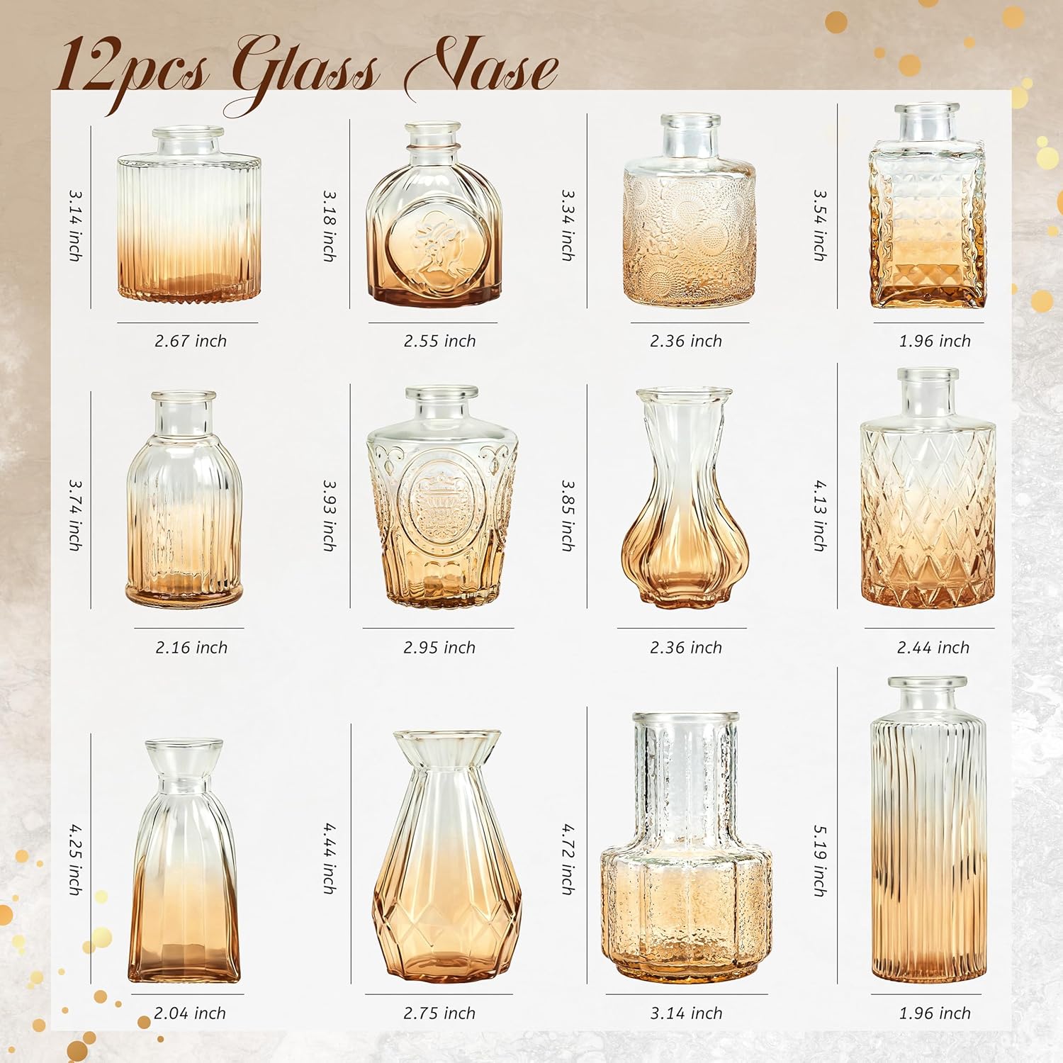 Glass Vases / Small Bud Vases for Flowers / Amber / Set of 12