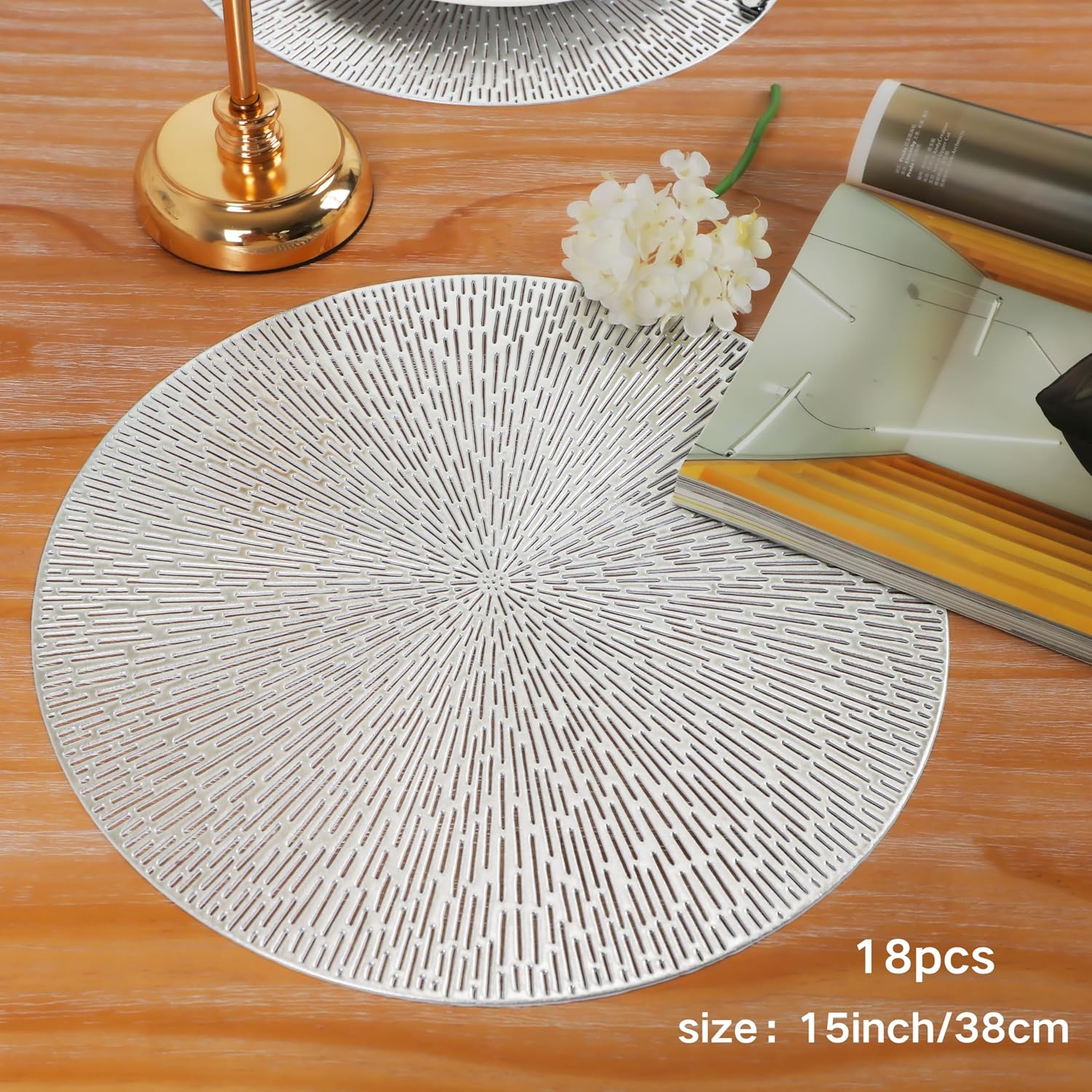 Snowkingdom Silver Placemats Set of 18, 15 Inch Round Metallic Hollow Vinyl Place Mats, Washable Wipeable Non Slip
