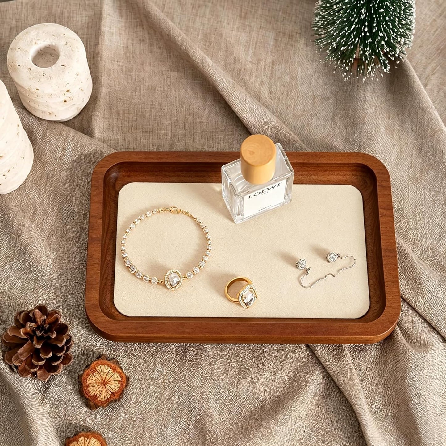 Wooden Jewelry Display Tray Rounded Rectangle Ring / Old Lace / Medium-w 3.9'' x H 0.6'' x L 7