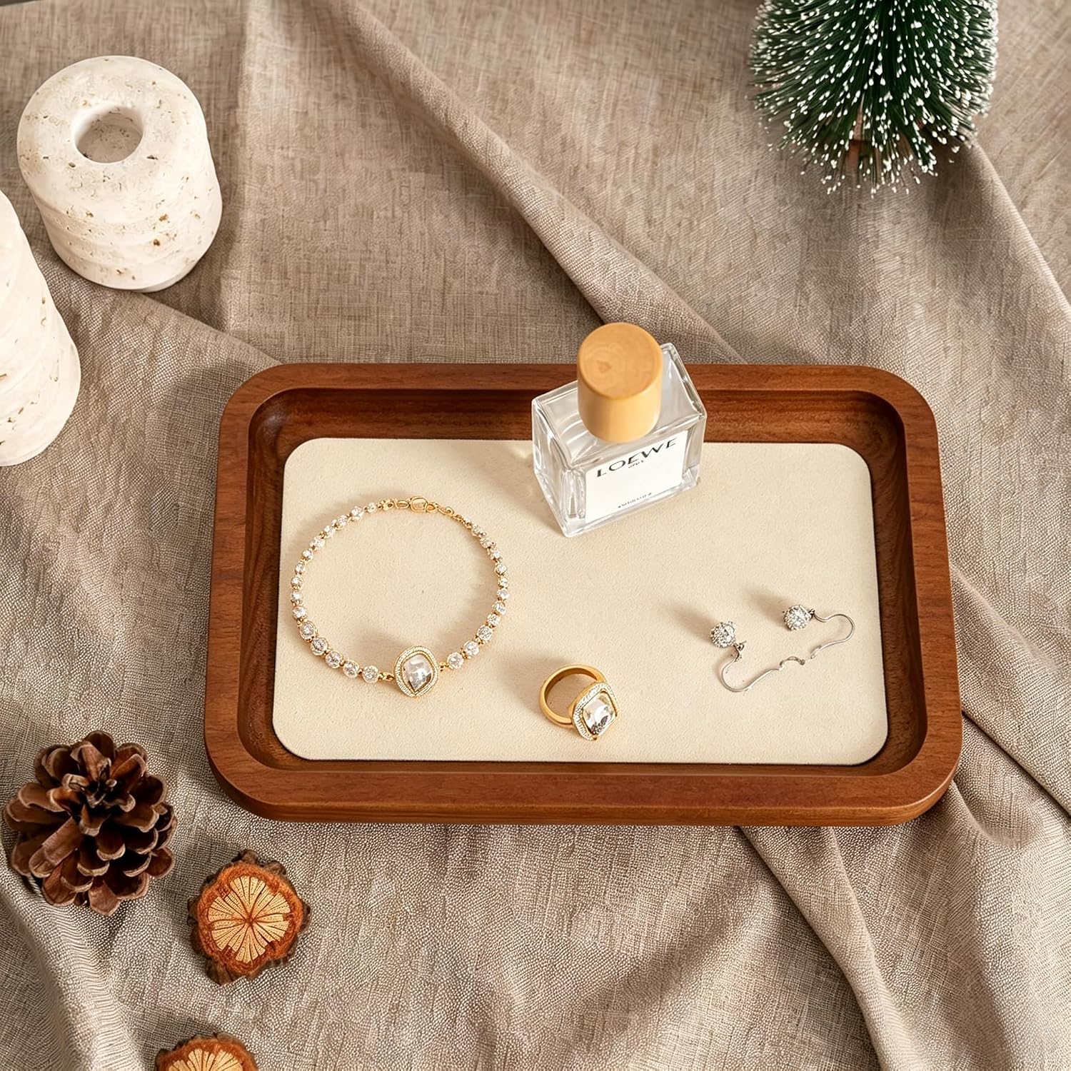 Wooden Jewelry Display Tray Rounded Rectangle Ring / Old Lace / Medium-w 3.9'' x H 0.6'' x L 7