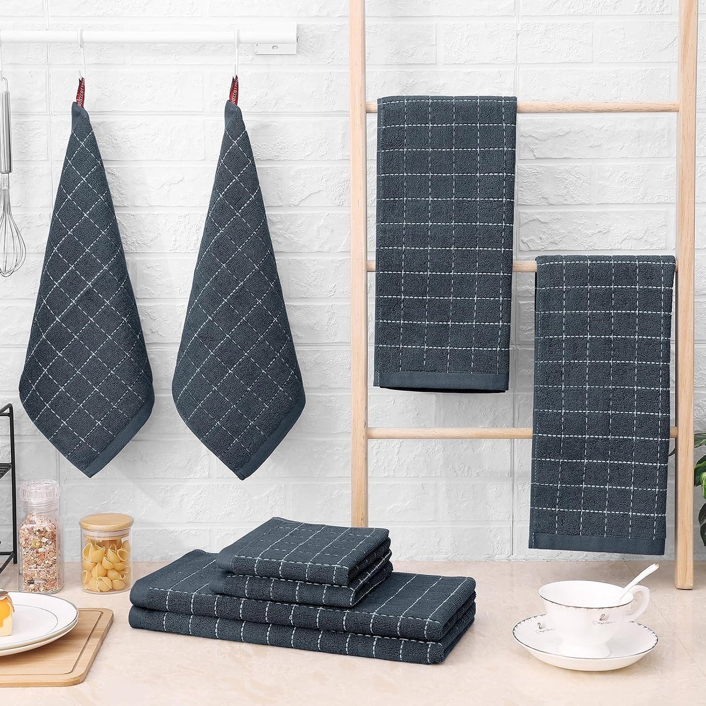 Homaxy Kitchen Towels and Dishcloths Set, Set of 12, Dark Grey | Bulk Cotton Terry Kitchen Towels, Checkered Designed