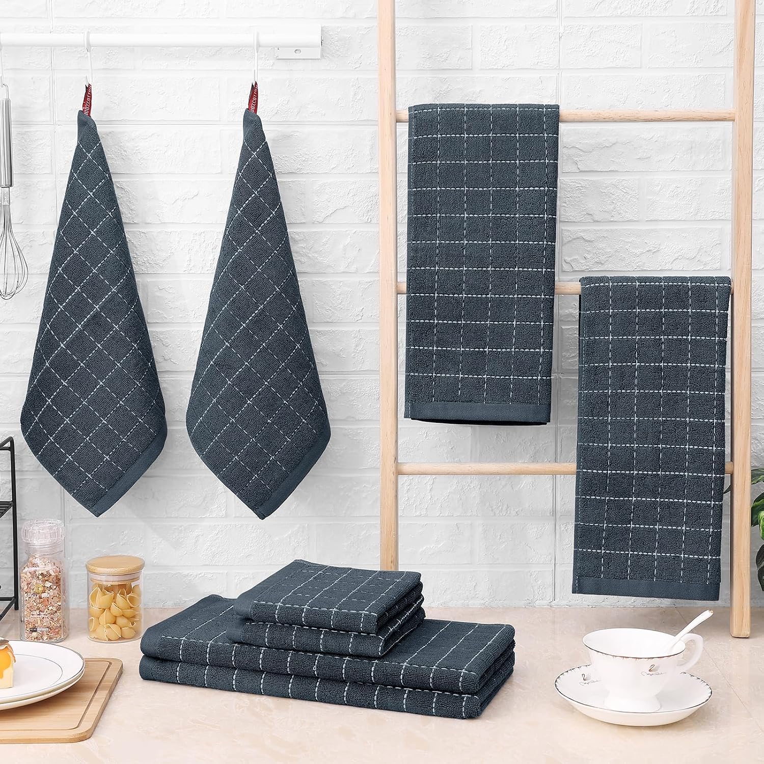Homaxy Kitchen Towels and Dishcloths Set, Set of 12, Dark Grey | Bulk Cotton Terry Kitchen Towels, Checkered Designed