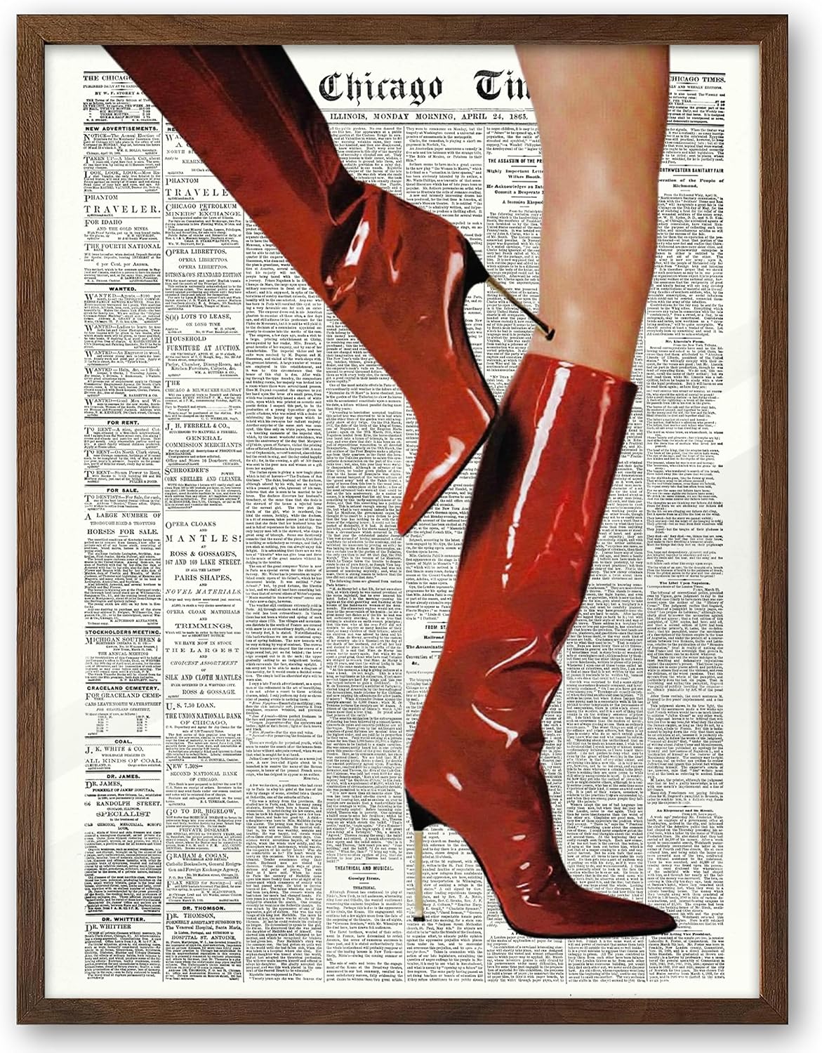 EcoHest 12x16 in Red Boots Newspaper Framed Wall Art