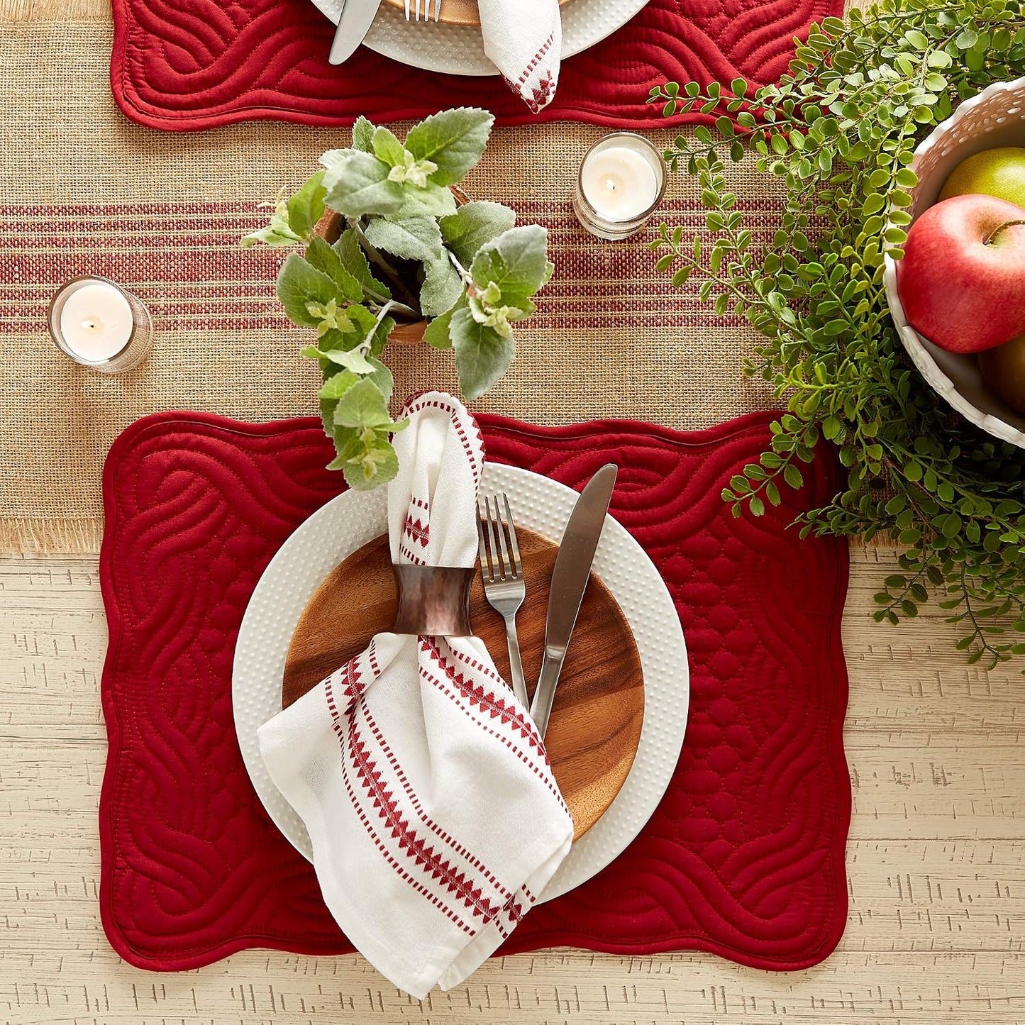 DII Quilted Farmhouse Collection Tabletop, Placemat Set, Cranberry, 6 Piece