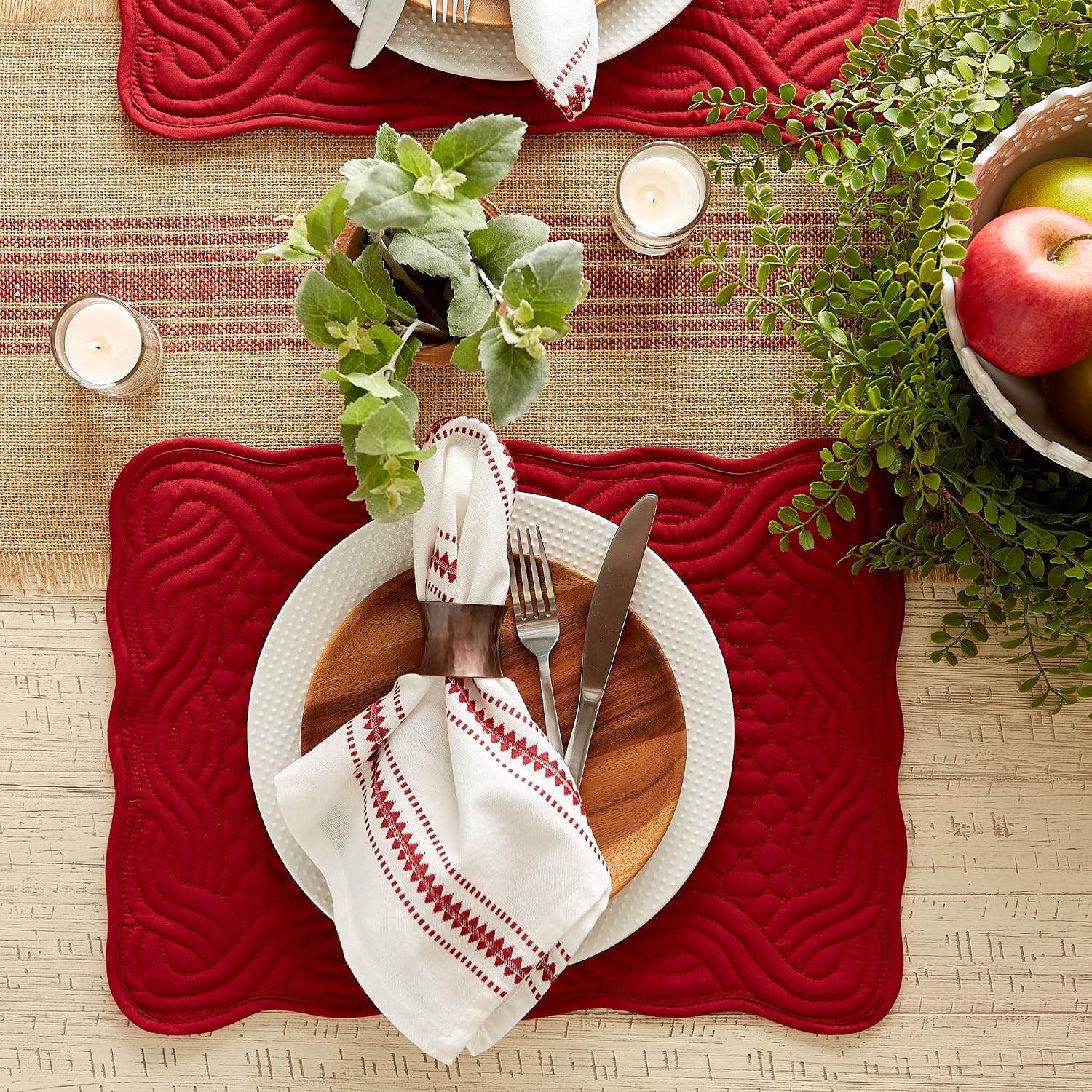 DII Quilted Farmhouse Collection Tabletop, Placemat Set, Cranberry, 6 Piece