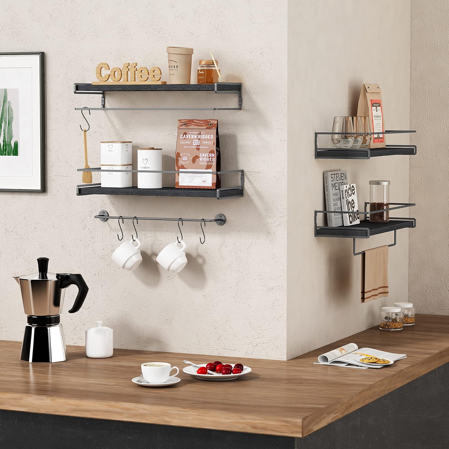 Forbena Black Floating Shelves for Bathroom Wall Set of 2, Kitchen Spice Rack Wall Mount, Modern Wood Hanging Wall