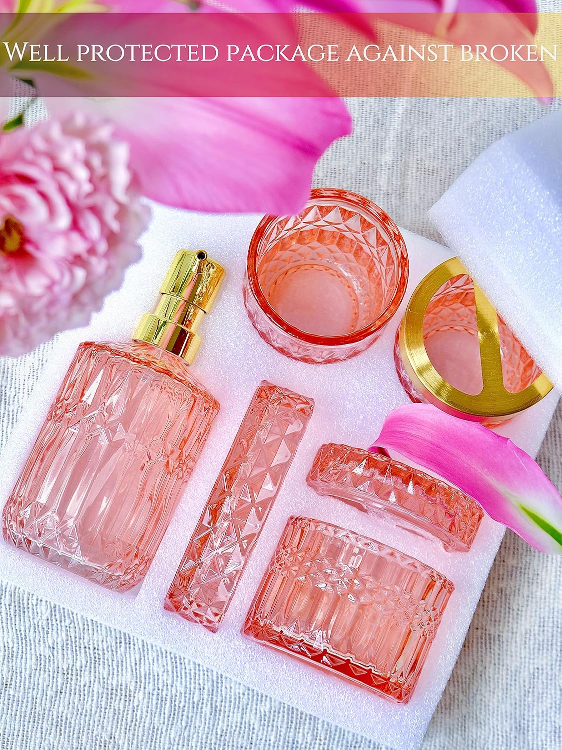 LaMarriti 5pcs Pink Bathroom Accessory Set, Clear Glass Bathroom Set, Soap Dispenser and Toothbrush Holder Set, Soap
