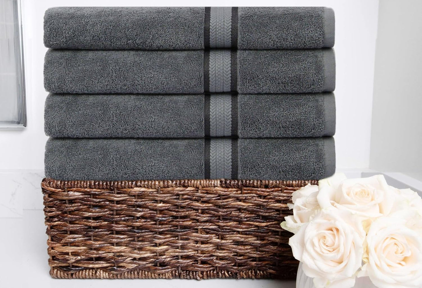 COTTON CRAFT Ultra Soft Bath Towels - 4 Pack 100% Cotton Large 30x54 inches | Oversized 580 GSM Absorbent Charcoal Bath