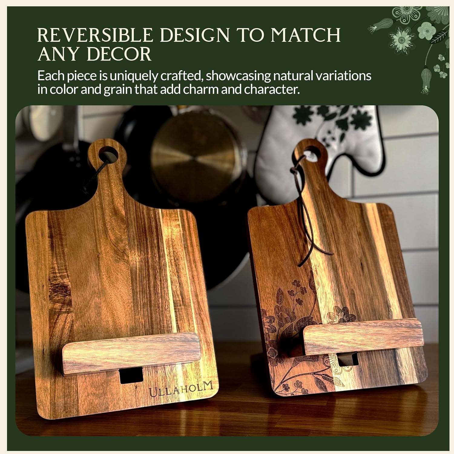 Wooden Cookbook Stand for Kitchen Counter - Reversible Recipe Book Holder with Cooking Measurement Conversion Card