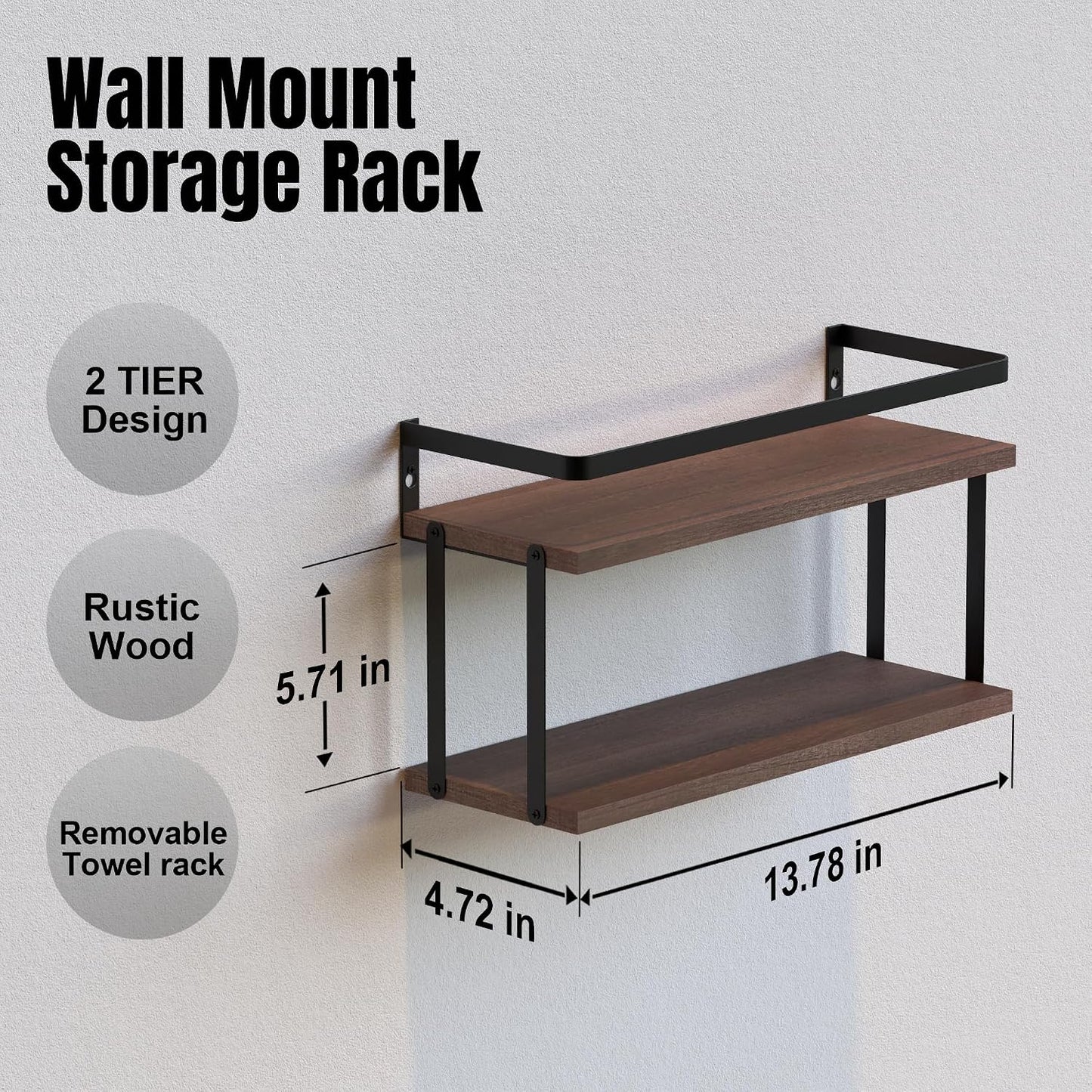 RICHER HOUSE Floating Shelves Bathroom, Wall Mounted Shelf Over Toilet | Dual-Level, with Metal Guard-Rail, Organizers