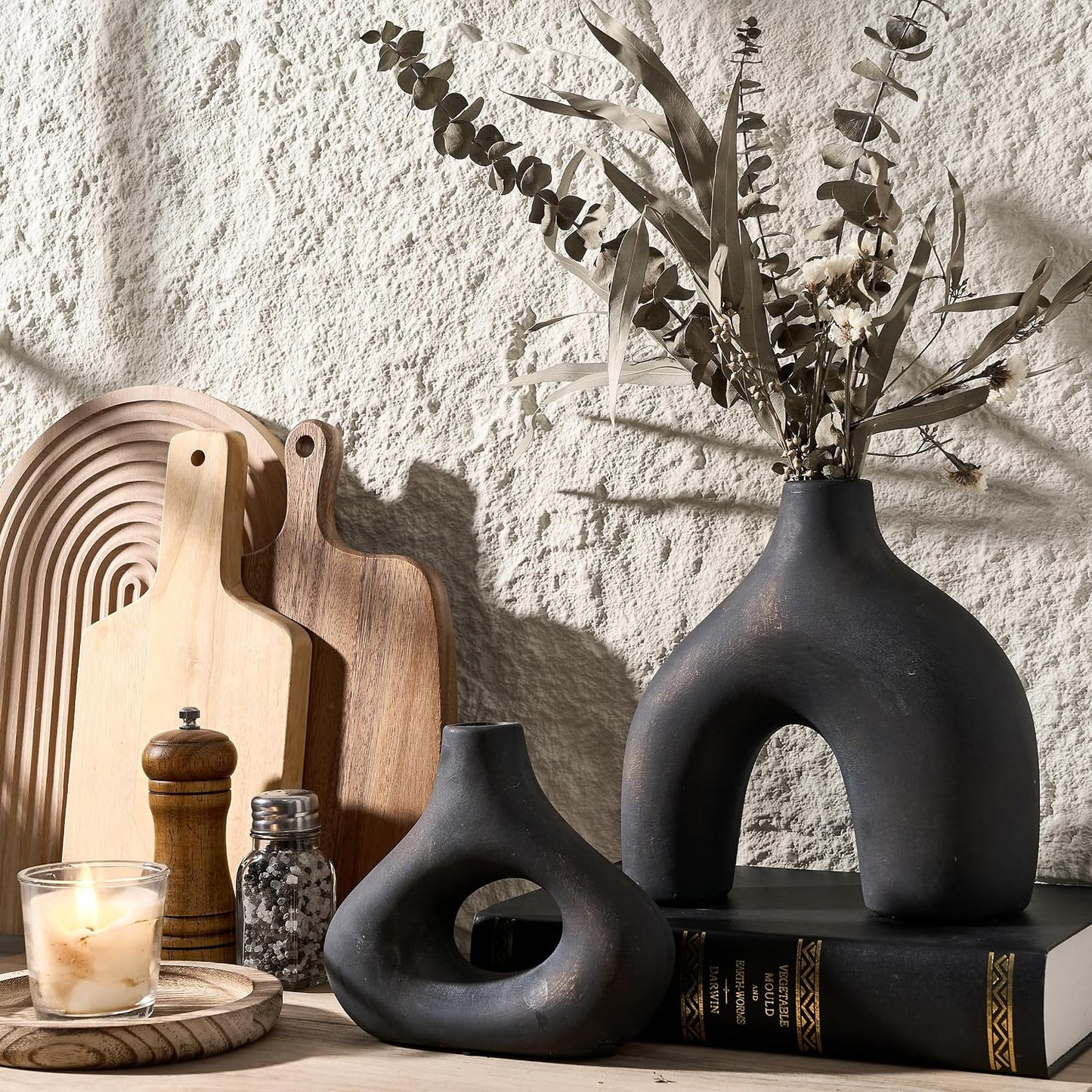 Ceramic Vase for Minimalist Bohemian Decor / Black Bronze / Set of 2