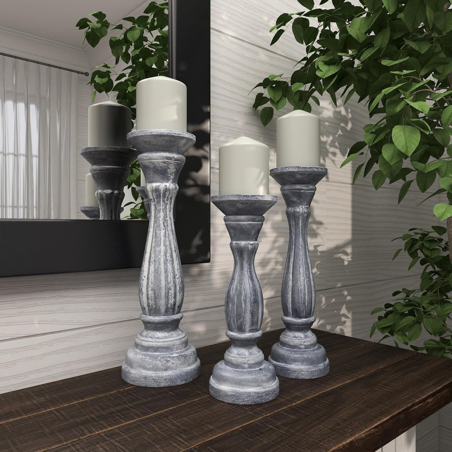 Deco 79 Wooden Decorative Candle Holder Distressed Turned Candle Stand, Set of 3 Candlestick Holder 15", 13", 11"H, Gray