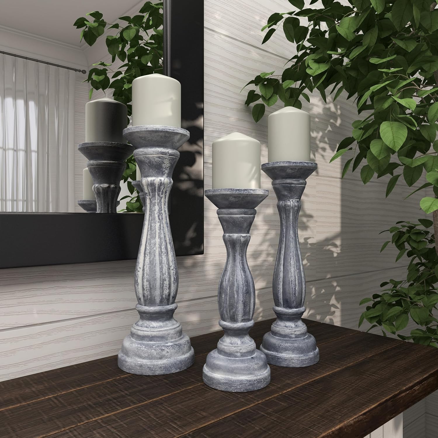 Deco 79 Wooden Decorative Candle Holder Distressed Turned Candle Stand, Set of 3 Candlestick Holder 15", 13", 11"H, Gray