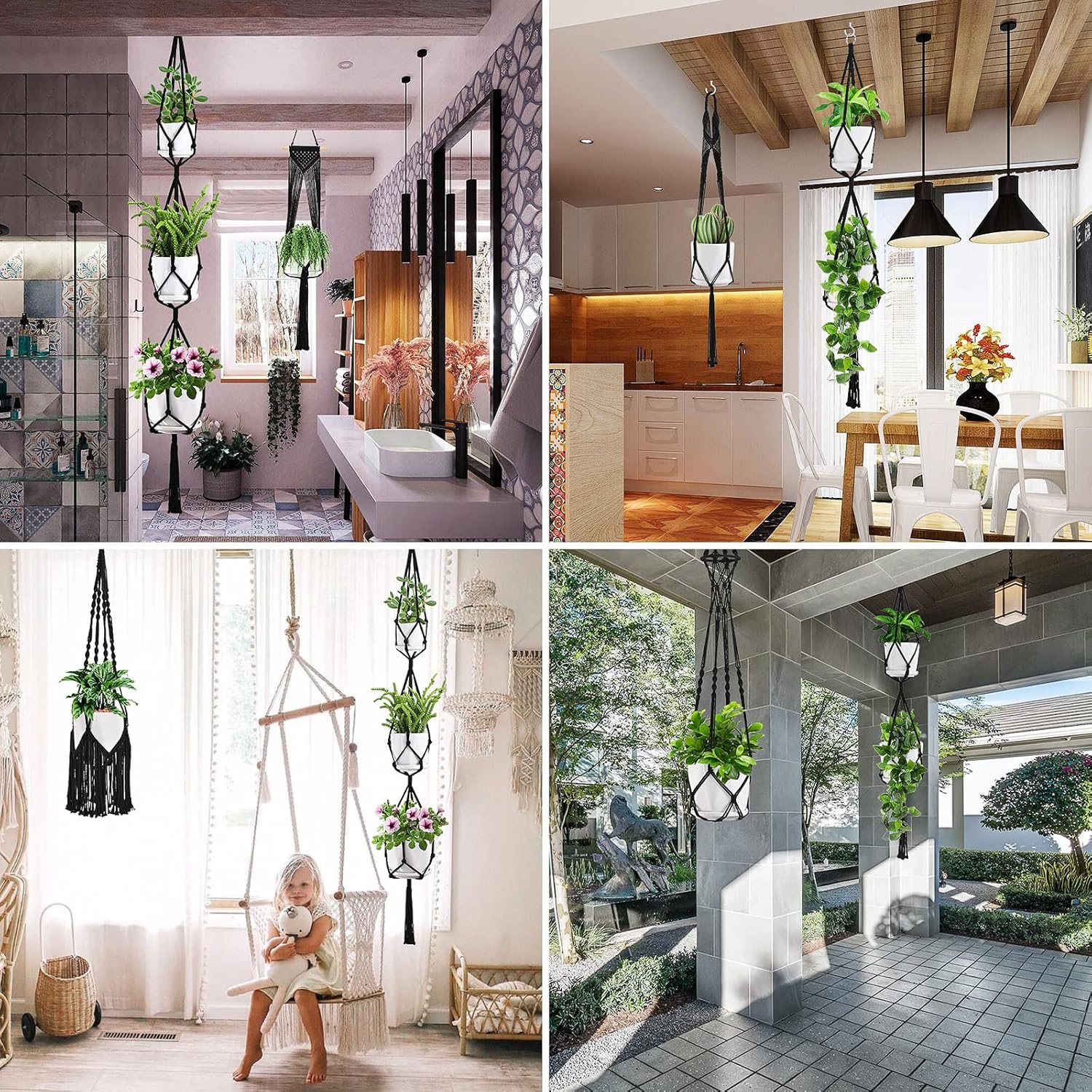 Macrame Plant Hangers / Black / Set of 6