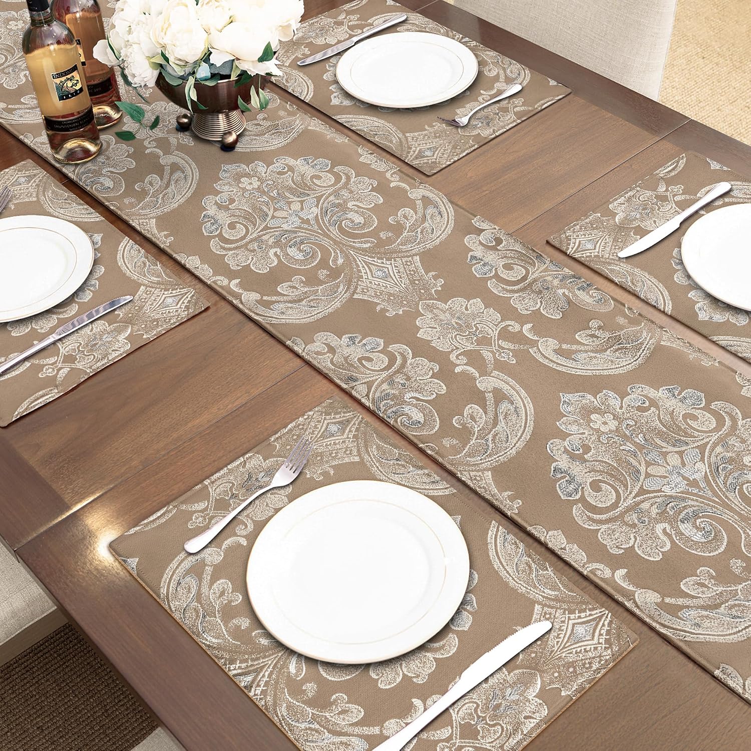 Loom and Mill Damask Floral Table Runner 72 Inches Long, Light Coffee | Luxury Jacquard Dining Table Runner with