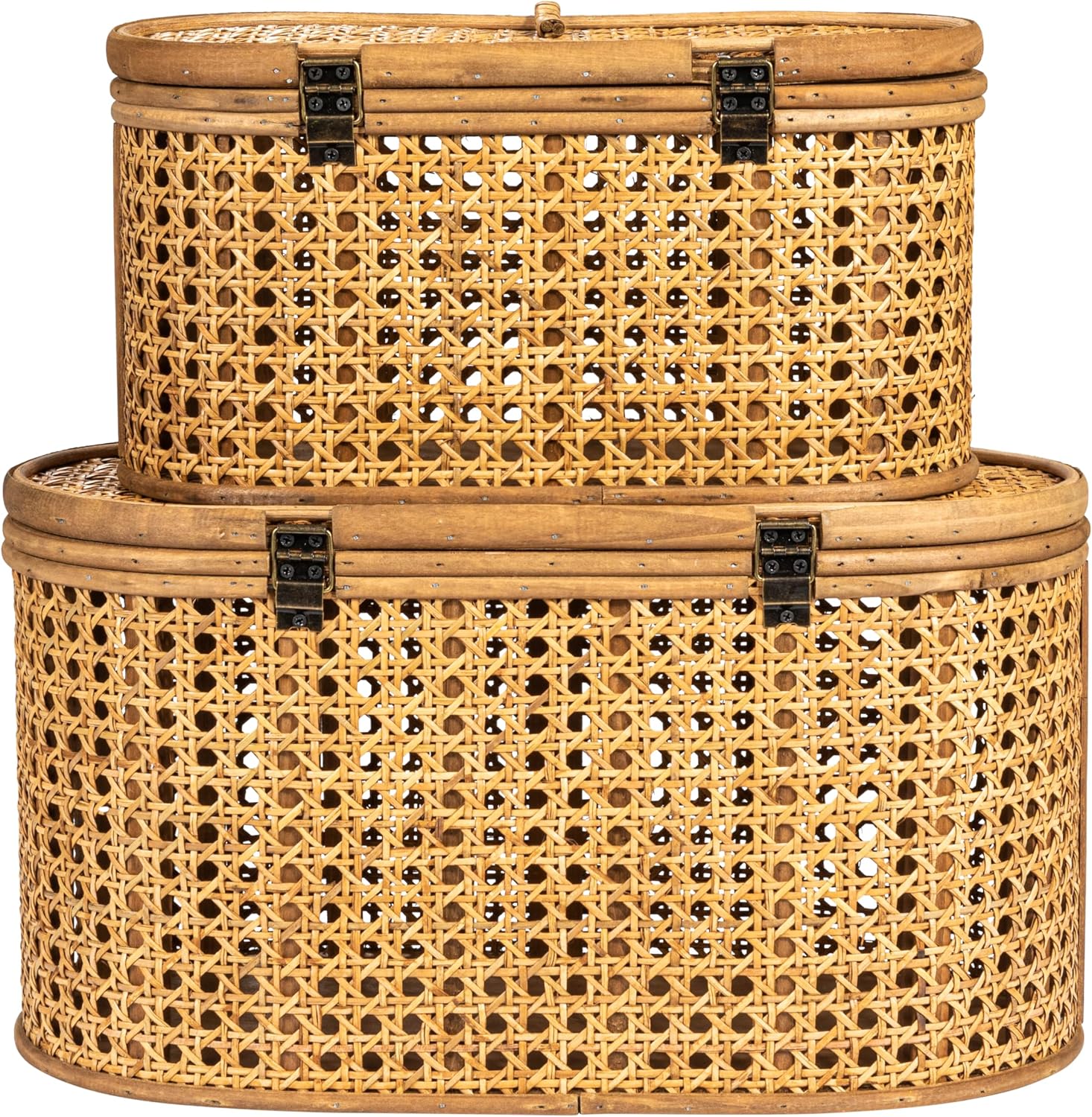 Modern Decorative Oval Woven Rattan Storage Boxes / Natural / Set of 2