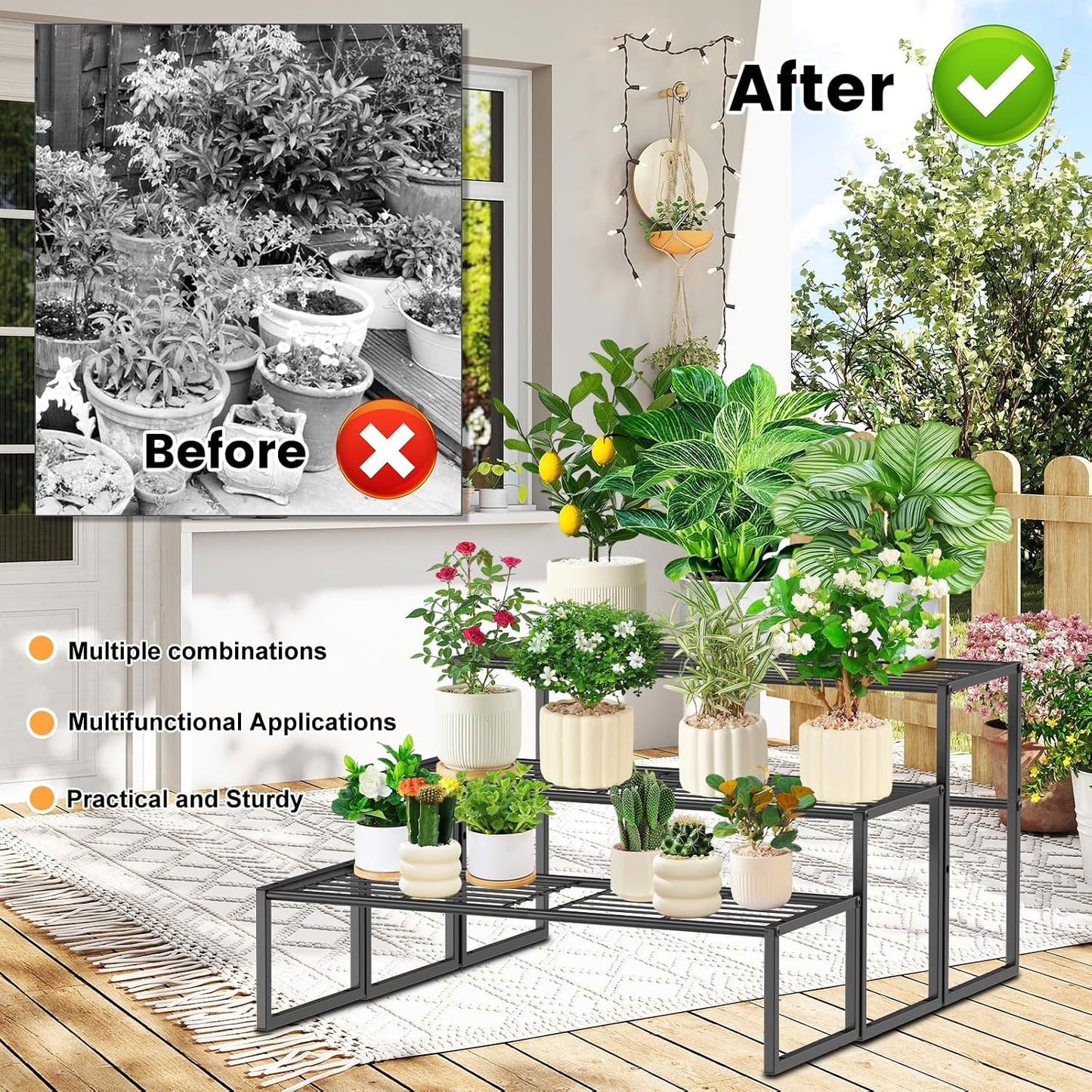 3 Tier Metal Plant Stand Indoor Outdoor, Potted Multiple Flower Pot Holder Rack Plant Shelf, Heavy Duty Planter Display