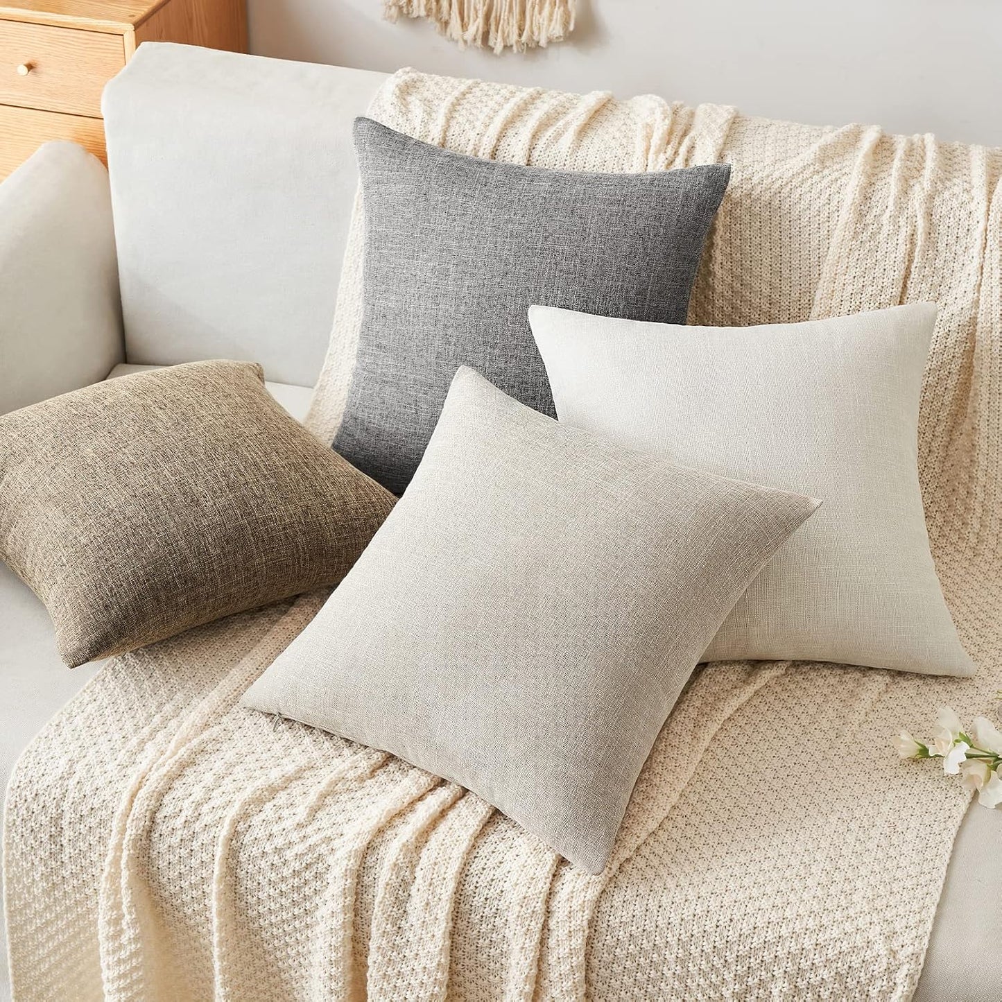 Decorative Linen Burlap Textured Pillow Covers Farmhouse Boho Accent / 18 x 18 / Taupe / Set of 2