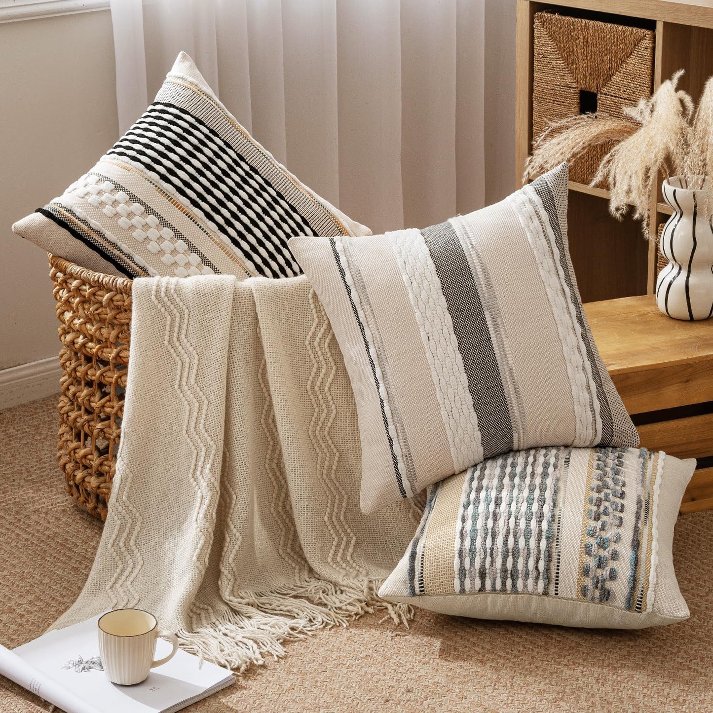 Boho Decorative Throw Pillow Covers Farmhouse Cushion Case / Gray Blue Stripe / 18 x 18 / Set of 2