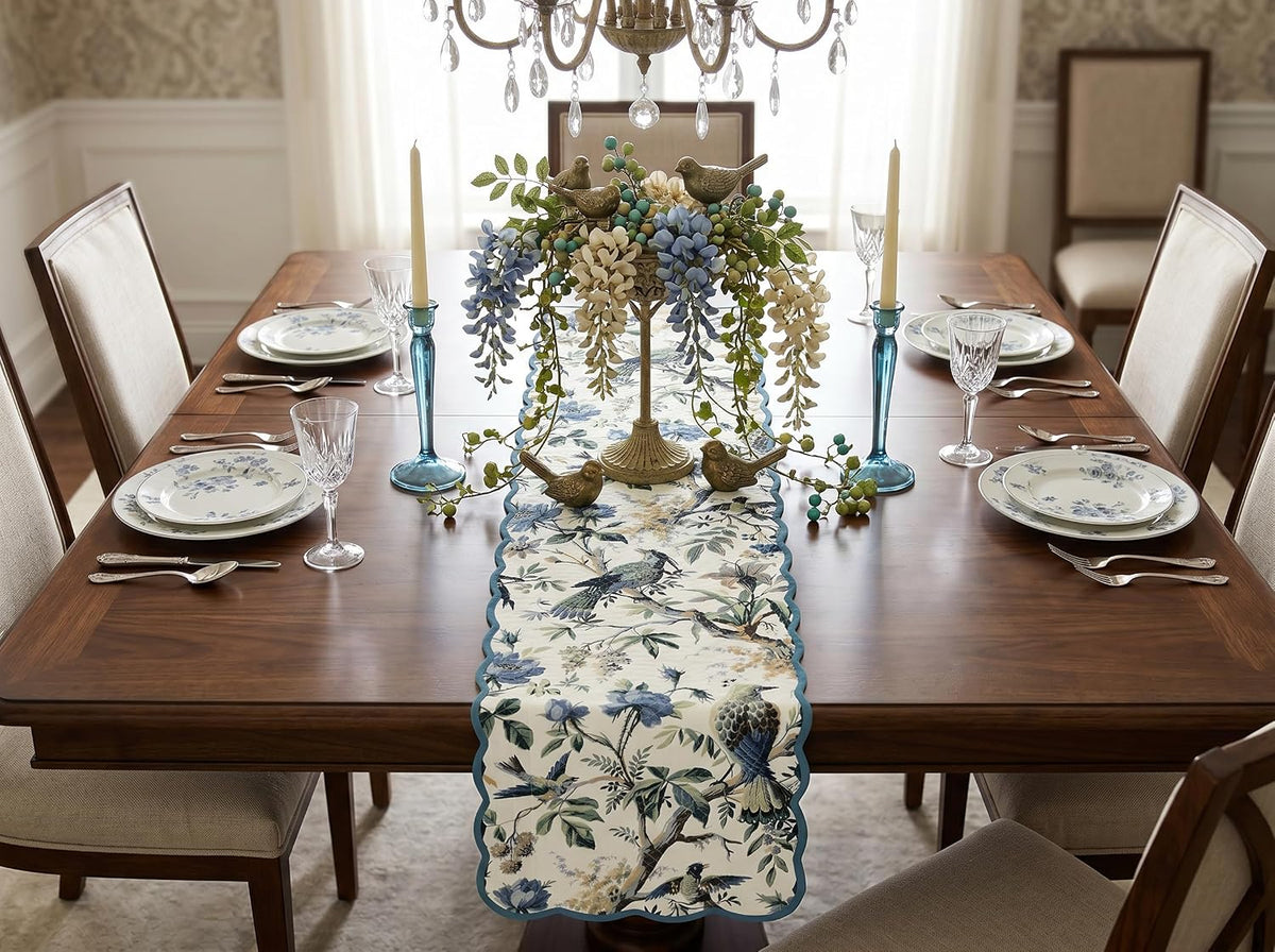 Peacock Vines Luxury Handcrafted Runner (Reversible) Cotton Quilted Fabric Machine Washable – Elegant Home Decor – 14 x