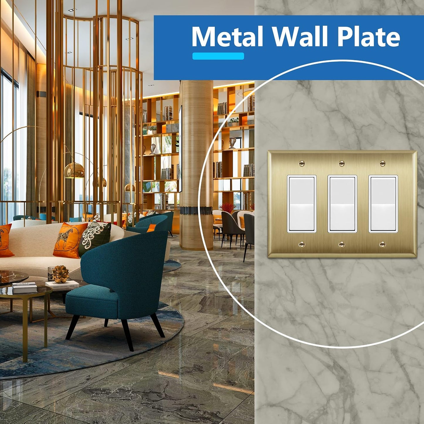 LIDER Decorator Switch or Receptacle Metal Wall Plate, Mid-Size 3-Gang | Stainless Steel, Corrosion Resistant, Brushed