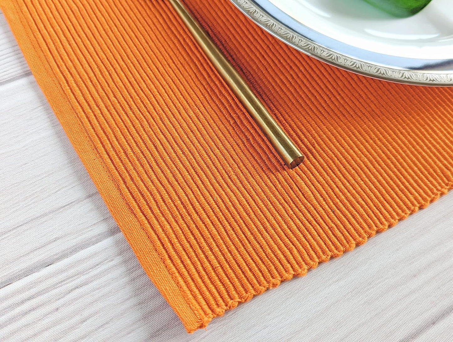 100% Cotton Ribbed Placemats - Set of 8-13 x 19 Inches - Orange - Everyday/Fall/Thanksgiving/Halloween Cloth Table Mats