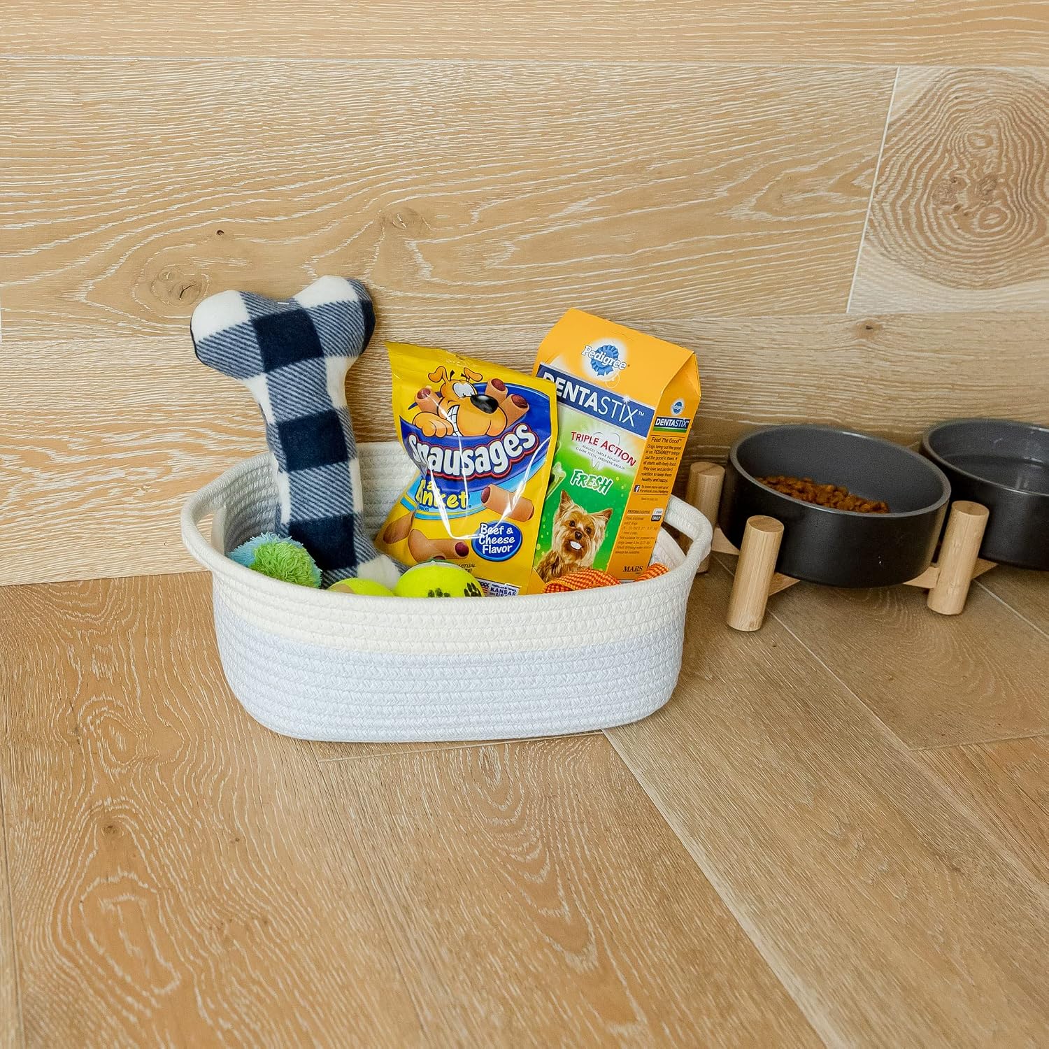 5-Piece Rectangle Storage Basket Set- Natural Cotton Rope Woven Baskets / Off White & Mixed Blue