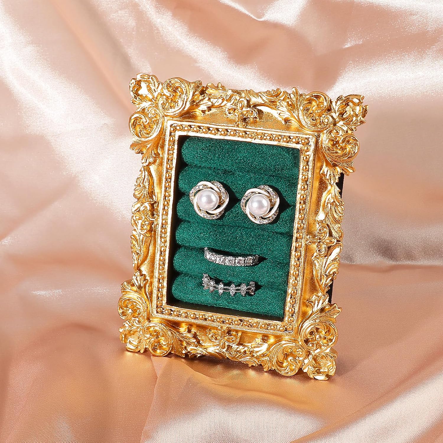 Vintage Ring Holder Rectangle Gold Velvet Display Stand / Mpf05-gold Green