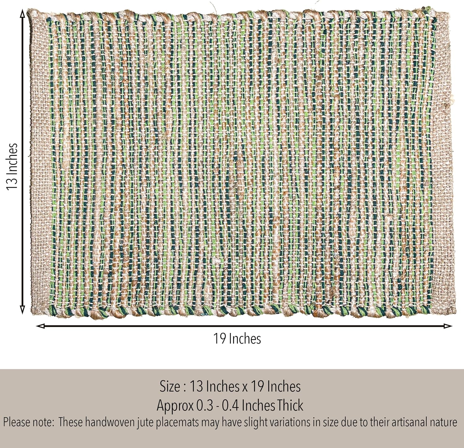 Natural Jute & Green Placemats, Set of 4 – Rustic Handmade Boho Table Mats, 13x19 Inch Dining Table Placemats for