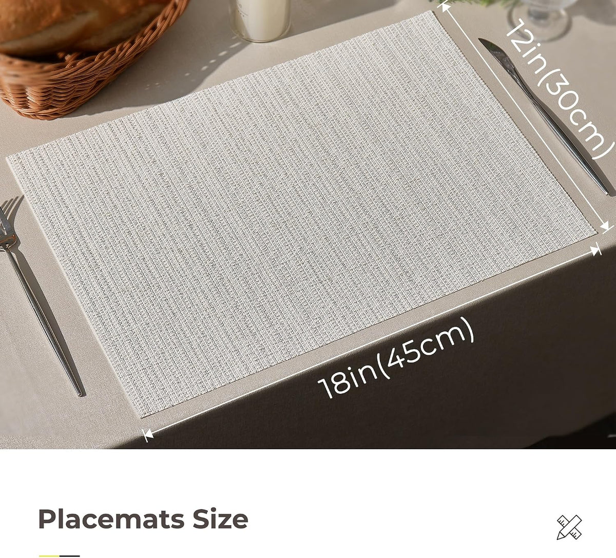 Leetaltree Woven Vinyl Placemats Set of 24,White and Silver | High Density，Stain Resistant, Easy to Clean, Washable