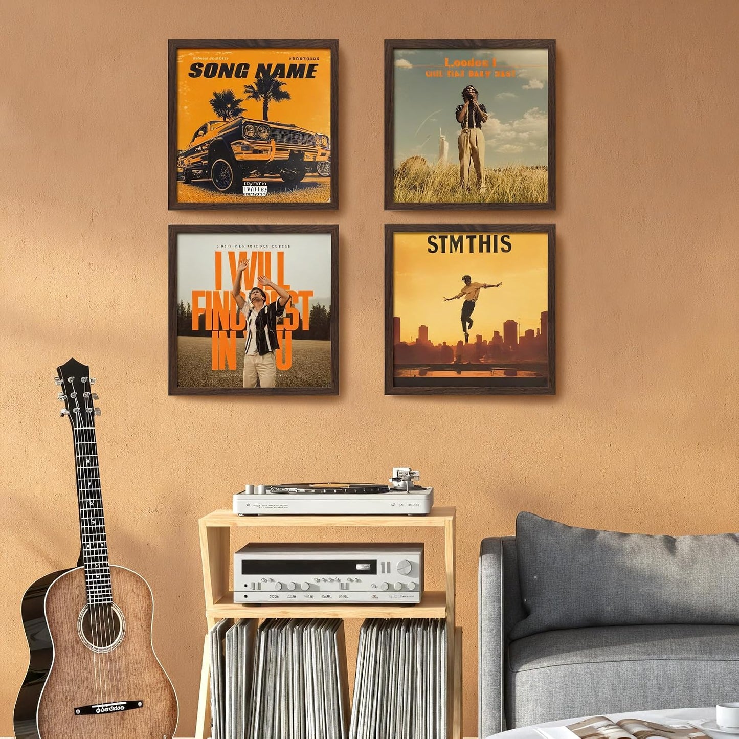 eletecpro Vinyl Record Frame, 12.5 x 12.5 in, Walnut Brown, 4 Pack | Fits 12x12 LP and Album Cover, Easy Wall Mount