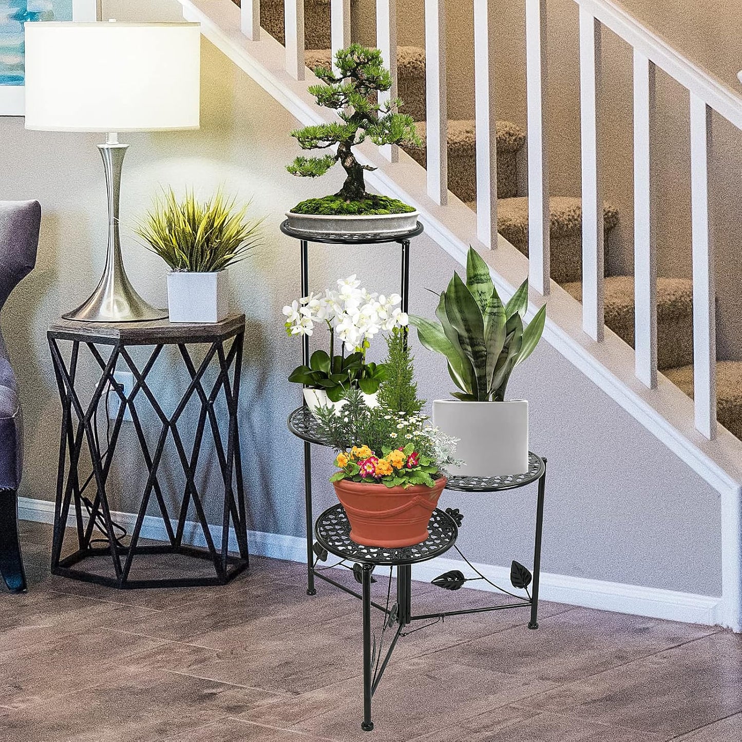 NAKUPE Plant Stand Indoor Outdoor, 4 Tier Corner Metal Flower Display Holder Shelf for Multiple Plants, 30" Tall Heavy