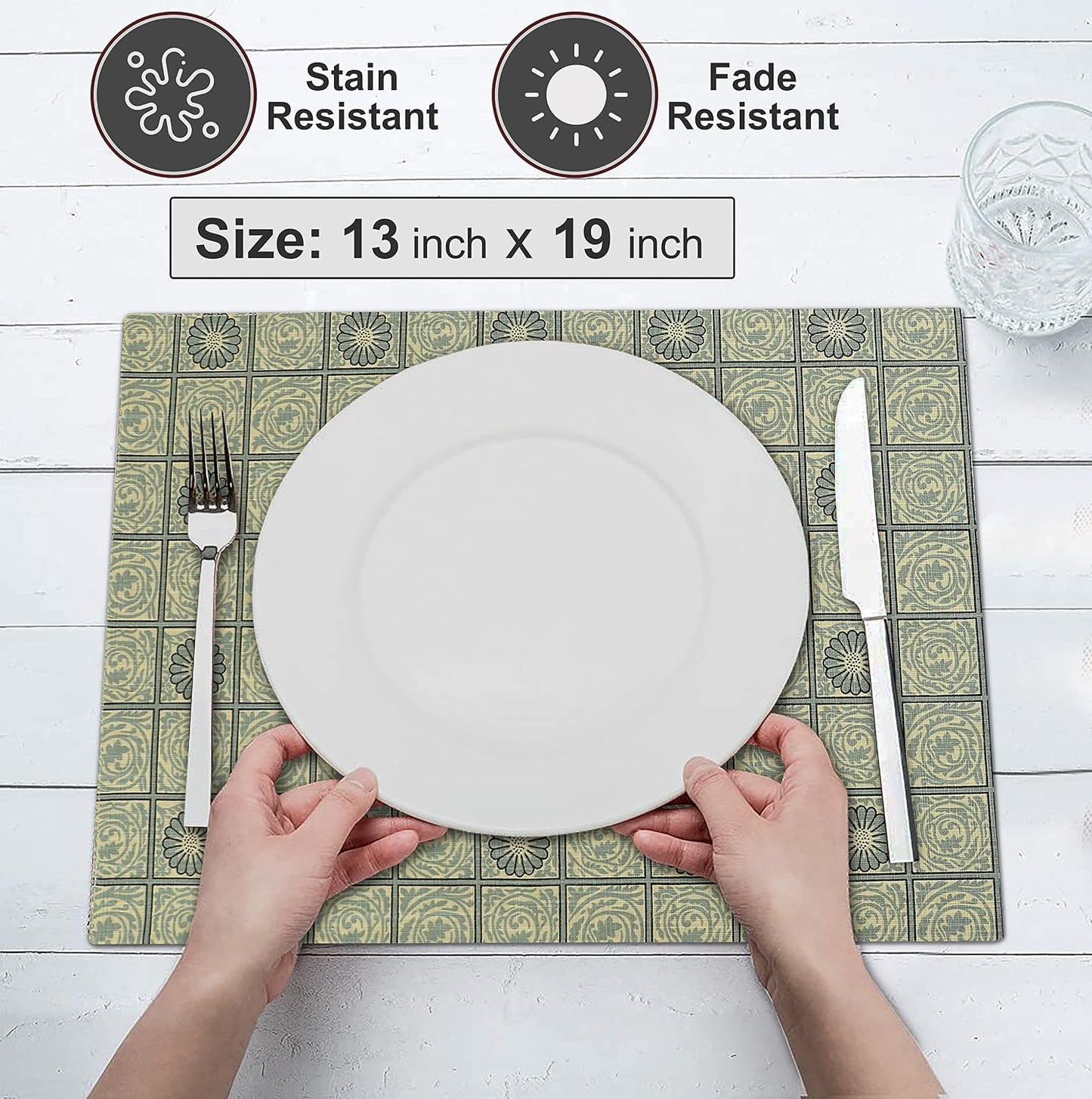 Ruvanti Placemats Set of 6, 100% Cotton Place Mats of 13"x19", Floral Tiles | Heat, Stain resistant, Washable