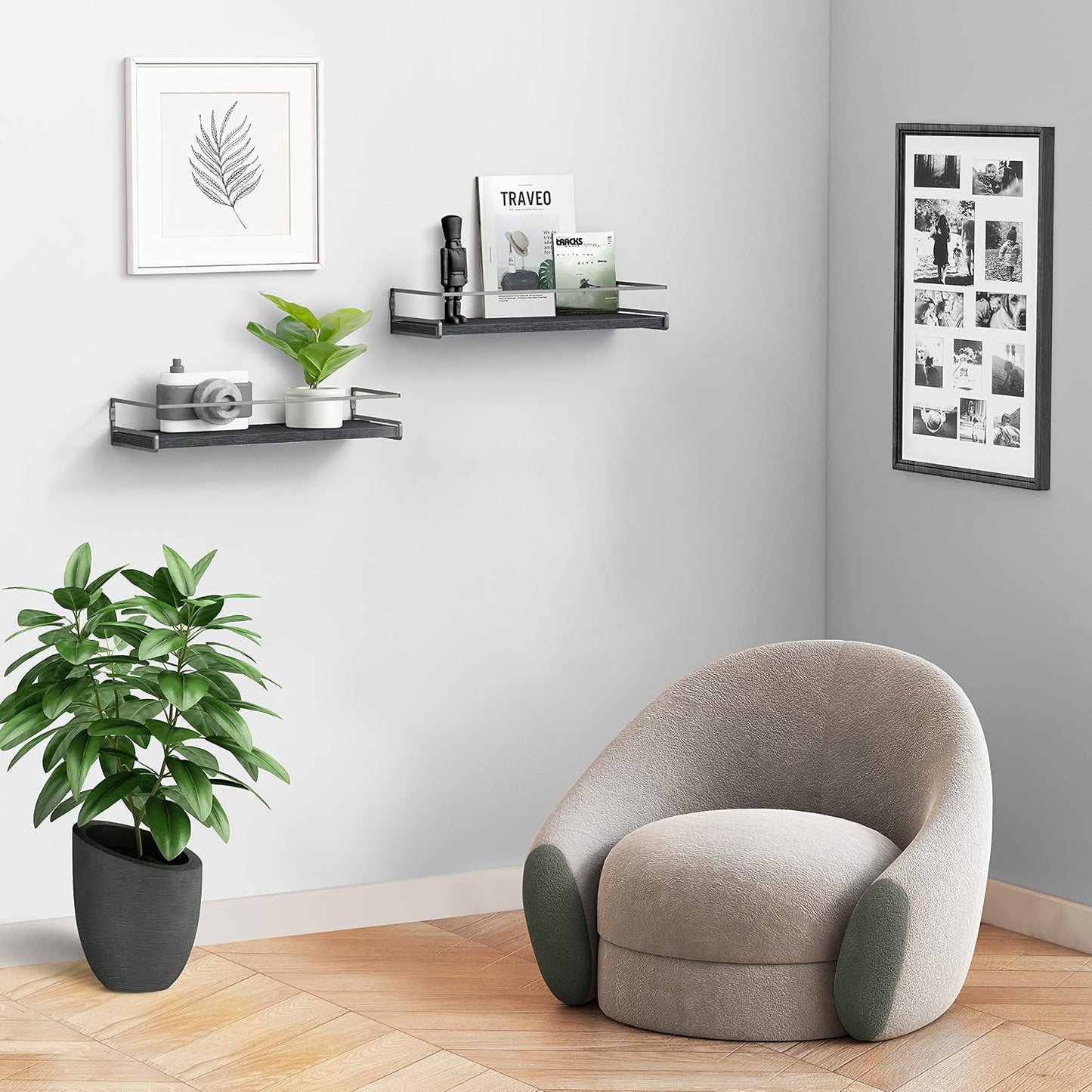 Forbena Black Floating Shelves for Bathroom Wall Set of 2, Kitchen Spice Rack Wall Mount, Modern Wood Hanging Wall
