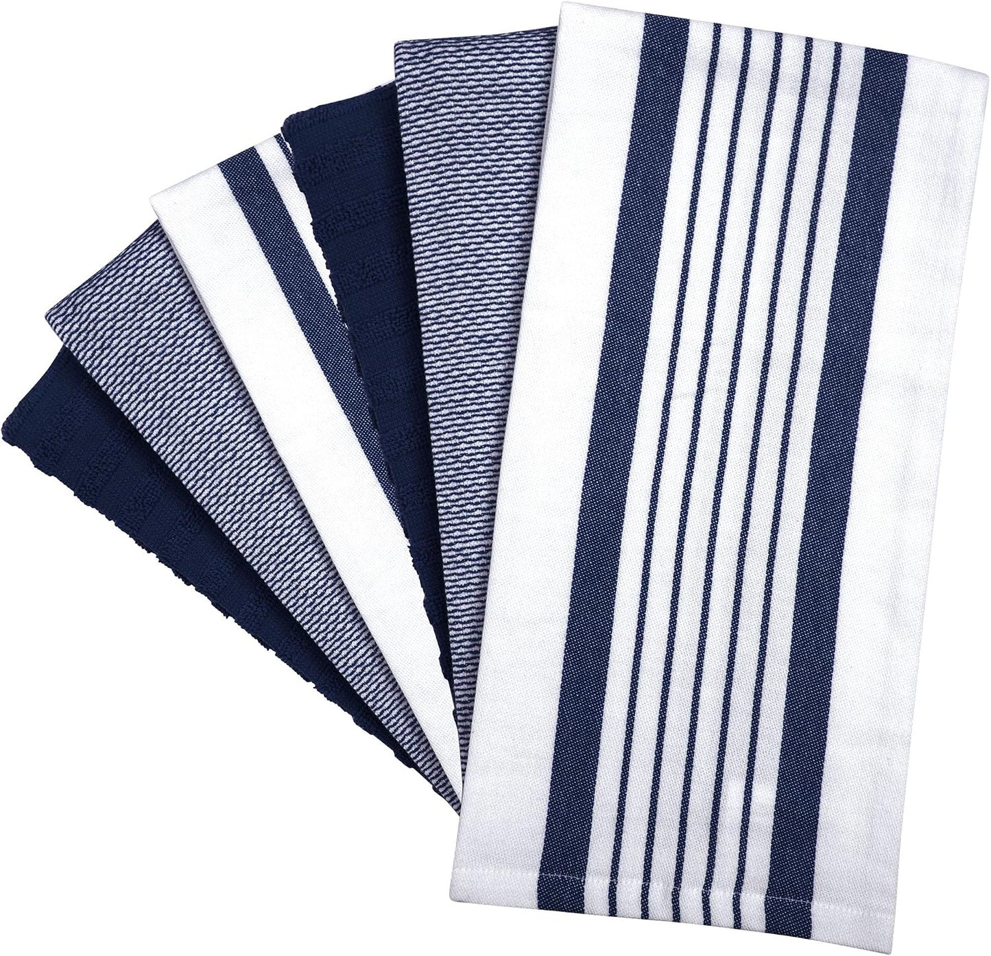 Premium Kitchen Towels 6 Pack 100% Cotton 20"x28" Dish Towels Navy Striped | Large Flat & Terry Kitchen Linen Set with