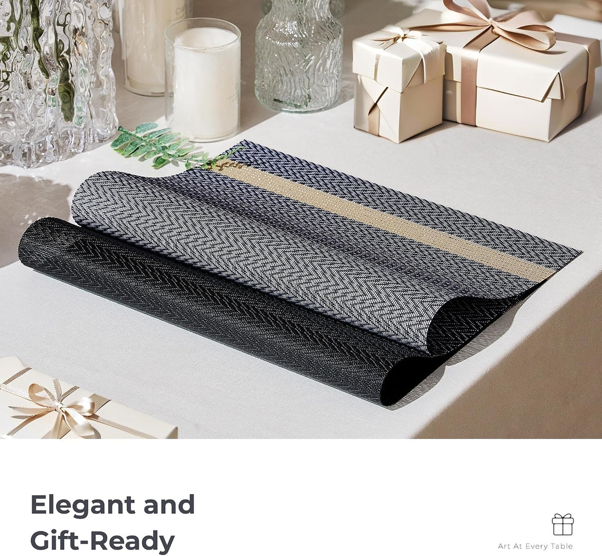 Leetaltree Woven Vinyl Placemats Set of 12,Blue Striped | High Density，Stain Resistant, Easy to Clean, Washable Table