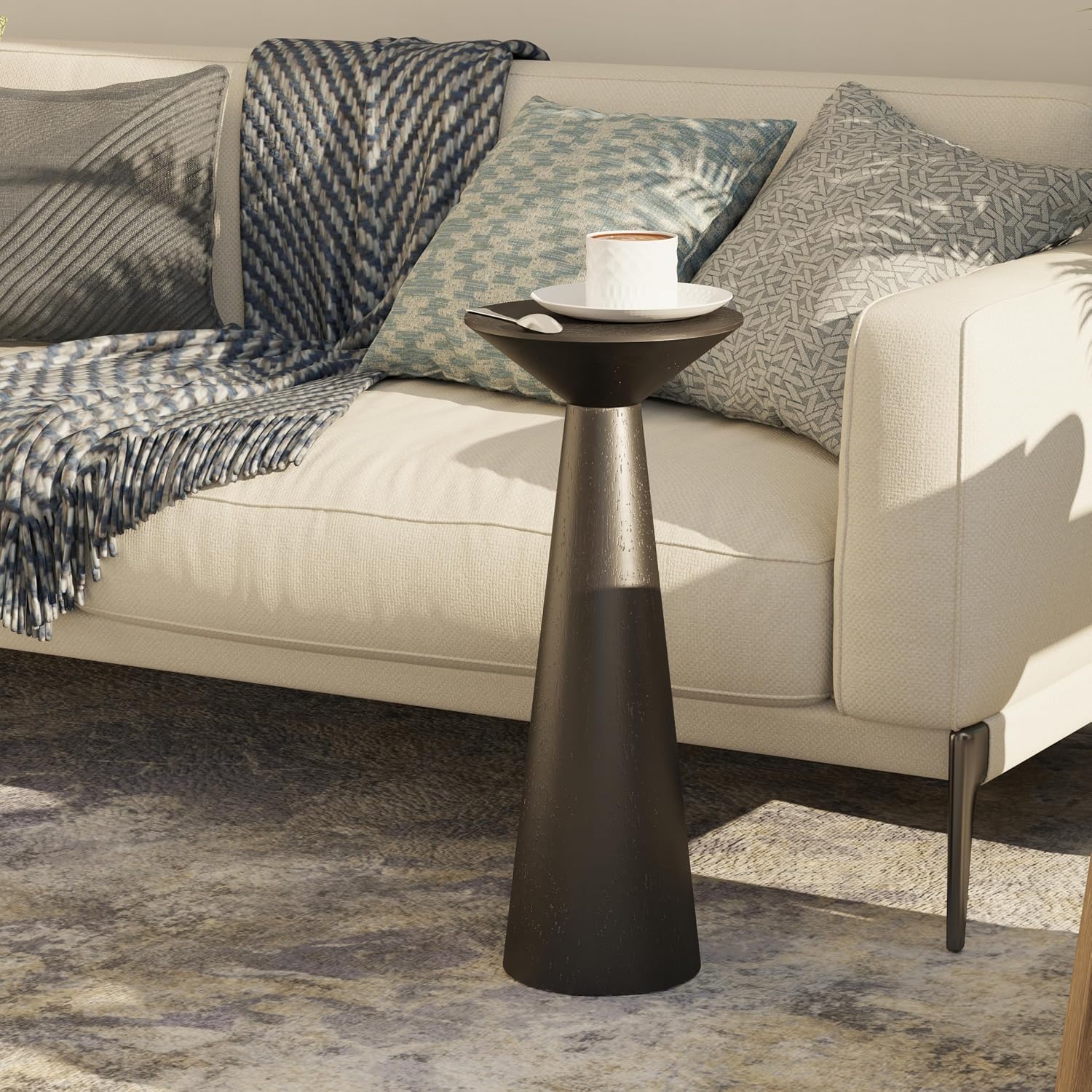Farmhouse Tall Pedestal End Table Small Solid Wood Martini Table Plant Stand Modern Round / Black