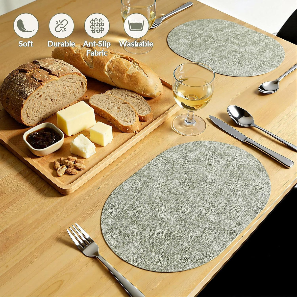 Placemats Set of 4, 11.8 x 17 Inch, Grass Green | Heat Resistant Oval Faux Leather Place Mats, Waterproof Wipeable