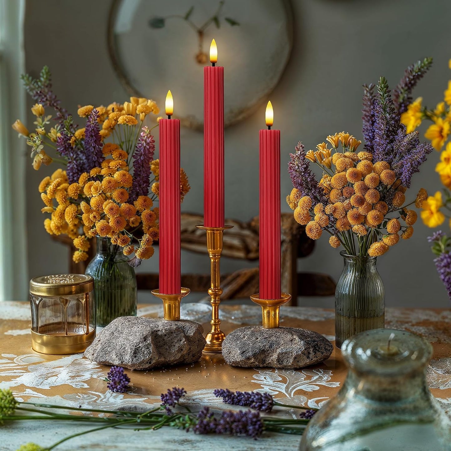 10" Fluted Ribbed LED Red Grooved Pillar Candles, Remote & 24h Timer Memory, On/Off Switch - Flameless Dimmable Battery