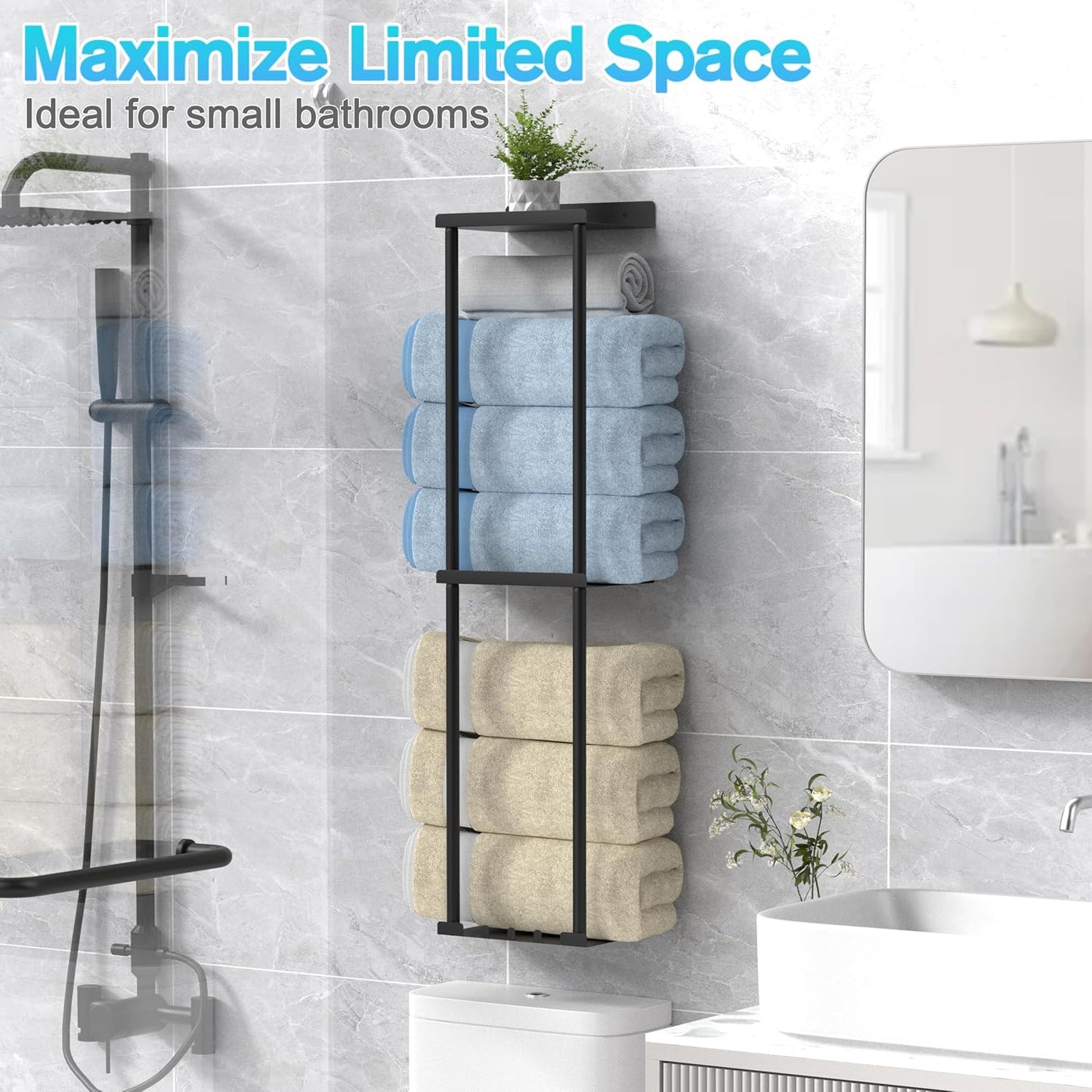 Liuoud Towel Rack for Bathroom, Wall Mounted Vertical Rolled Towel Storage Organizer Holder with Shelf, Holds Up 6