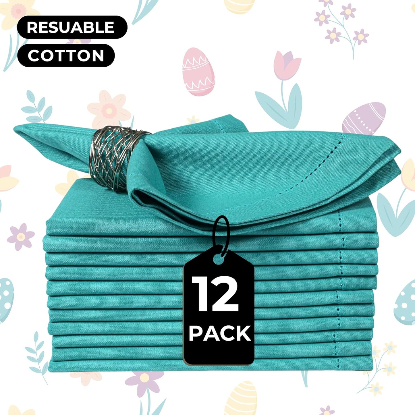 Bedding Craft Cotton Cloth Dinner Napkins Set of 12 – 18x18 Latigo Bay Teal with Hemstitched Mitered Corners – Machine