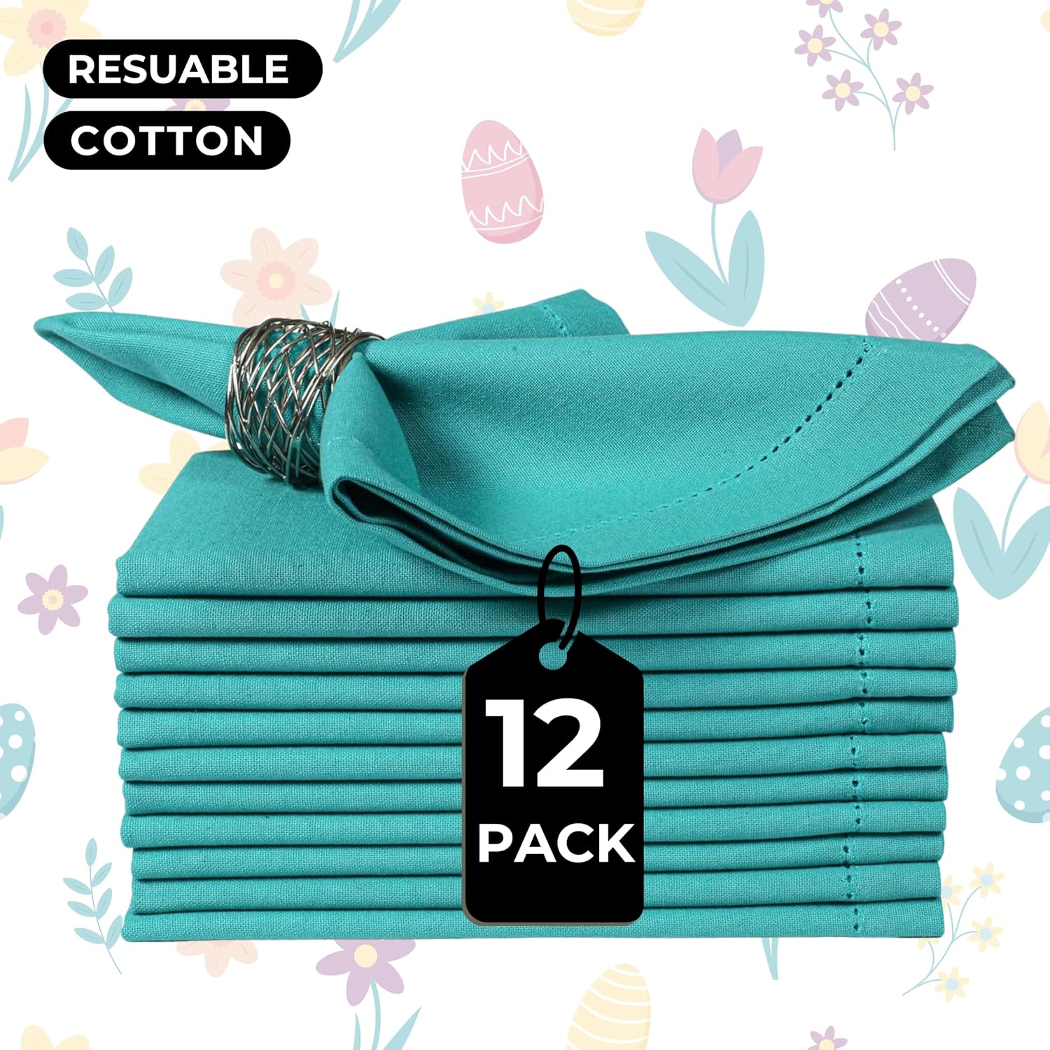 Bedding Craft Cotton Cloth Dinner Napkins Set of 12 – 18x18 Latigo Bay Teal with Hemstitched Mitered Corners – Machine