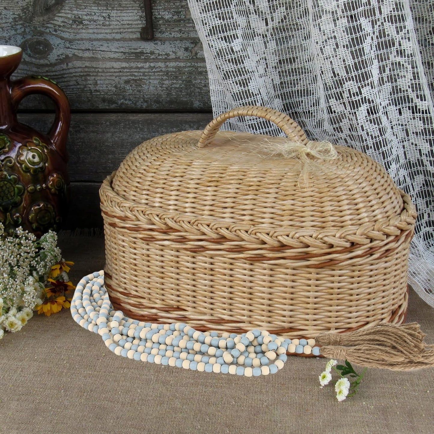 Wood Beads Garland / Mix Light Blue and Beige