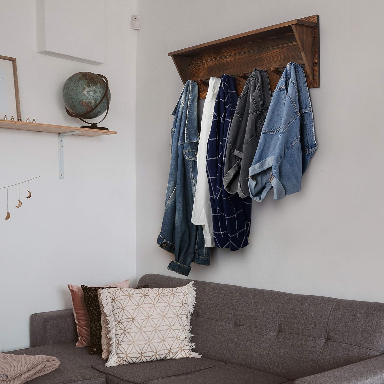 WEBI Coat Rack Wall Mount with Shelf,8 Peg Hooks,34" Long Rustic Entryway Wall Shelf with Hooks Underneath for Hanging