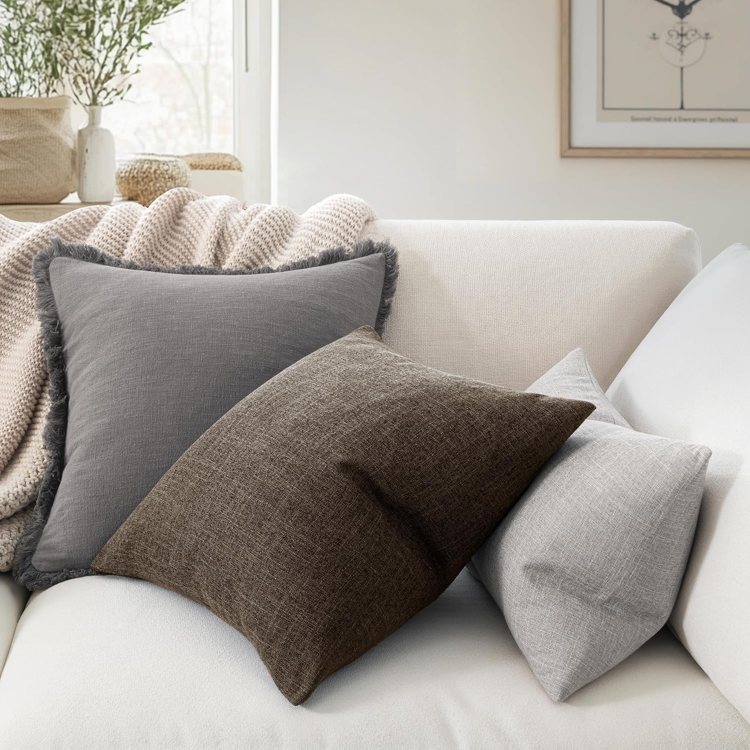 Decorative Linen Burlap Pillow Covers Farmhouse Boho Accent / 18 x 18 / Dark Brown / Set of 2