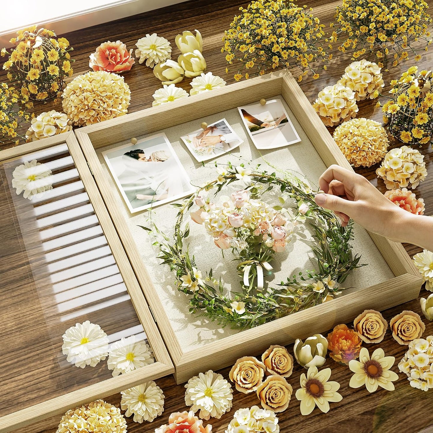SZQINJI Shadow Box Frame 13x16 Deep Large Memory Box Display Cases, Natural | Shadow Box, Front Opening Vintage Lock